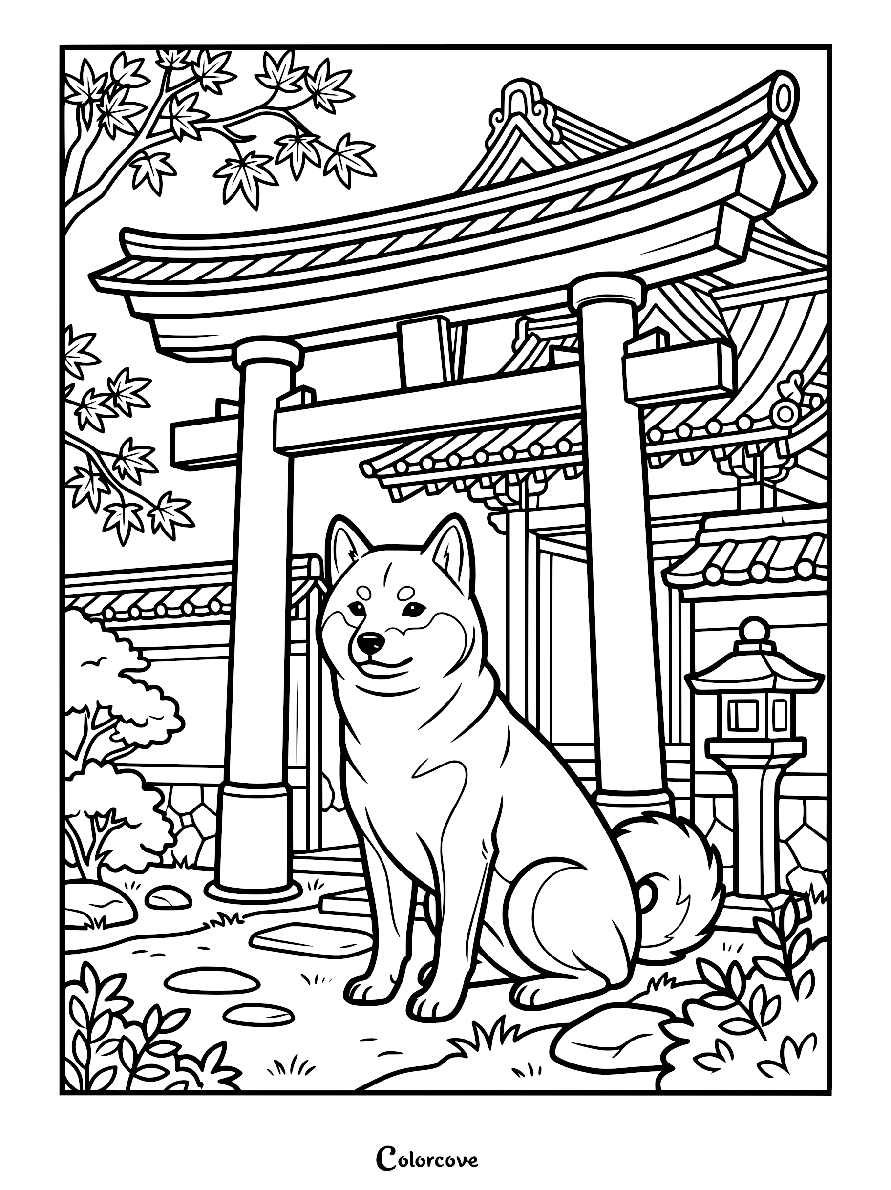 A Shiba Inu sitting calmly in front of a traditional Japanese torii gate and stone lantern, detailed line art coloring page.