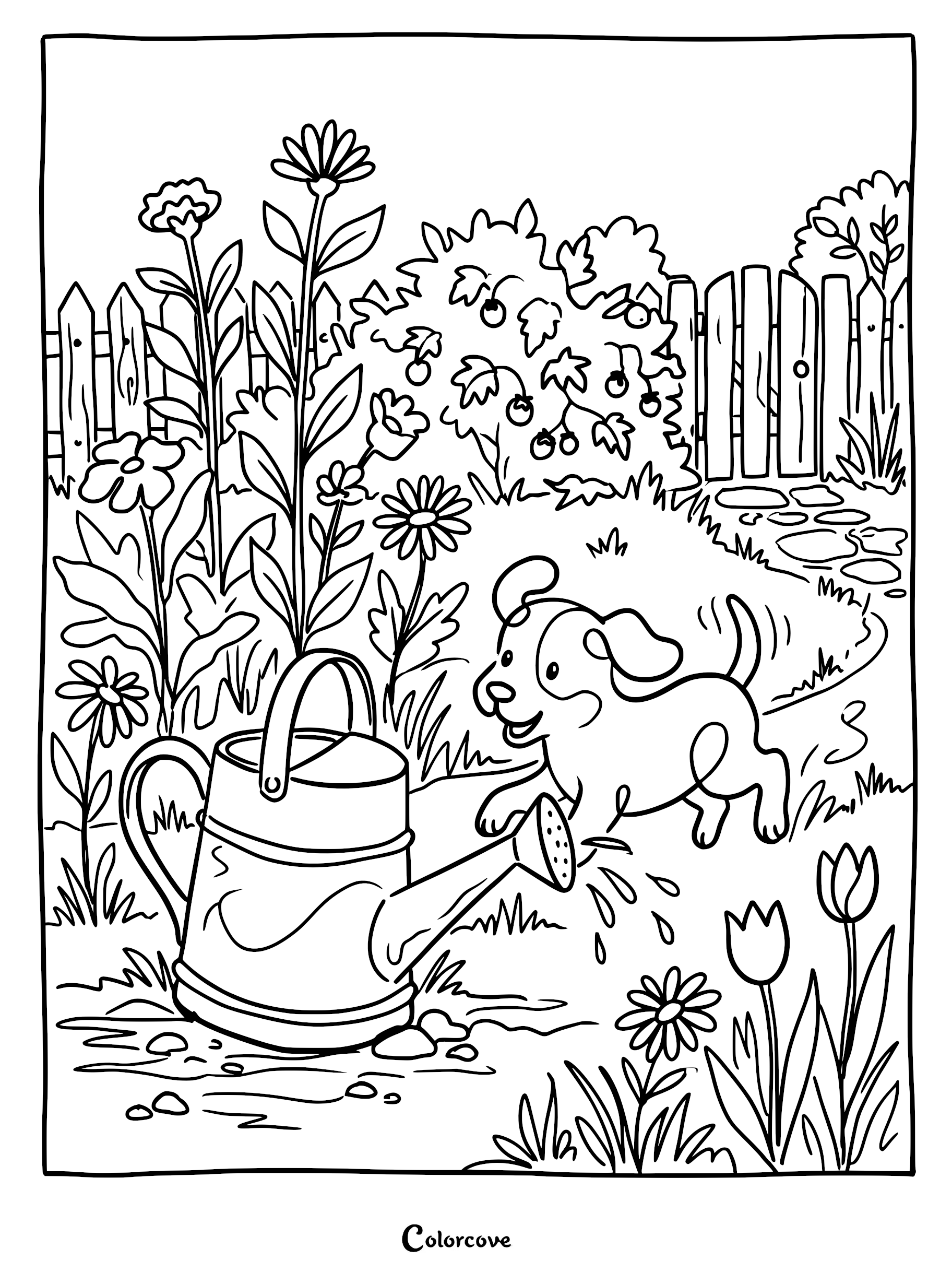 A cute puppy playing near a watering can in a flower garden coloring page with a picket fence background.