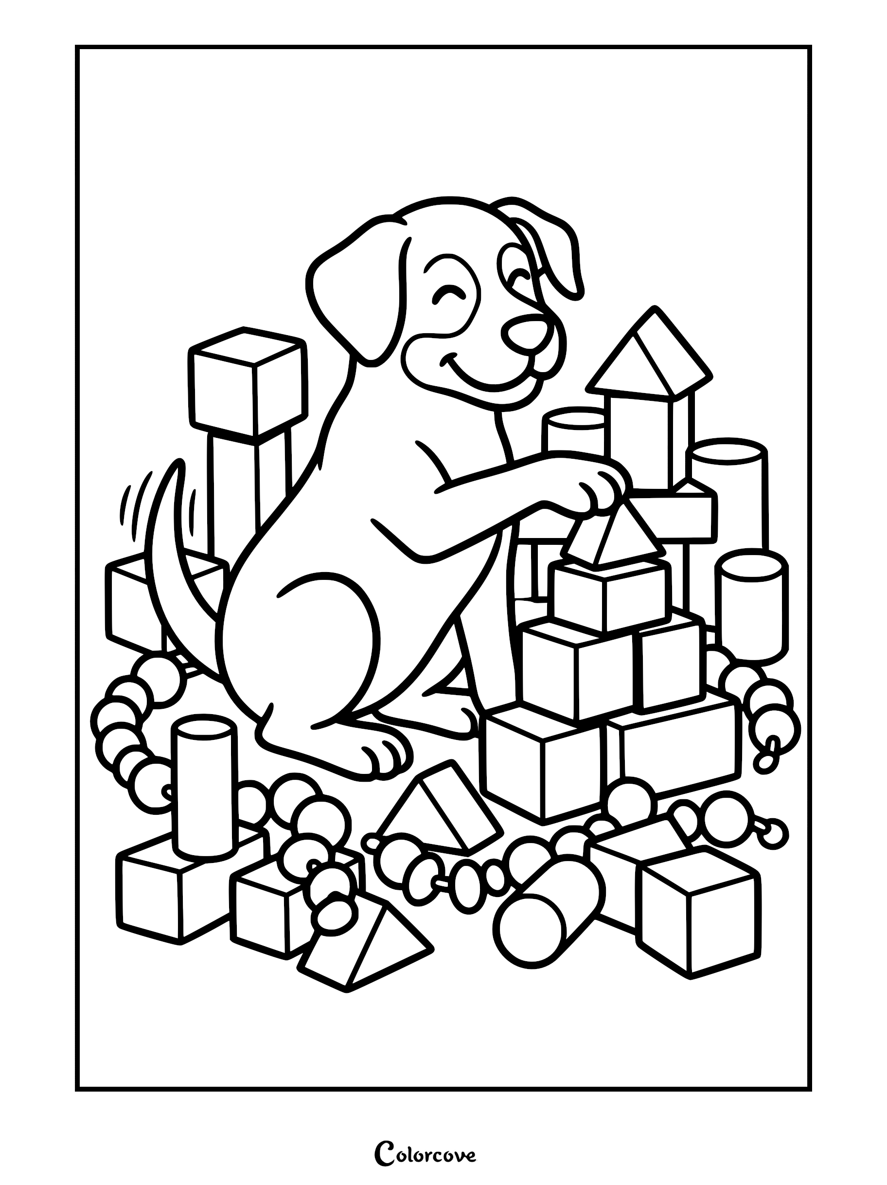 A happy puppy sitting and stacking wooden building blocks in this printable coloring page.