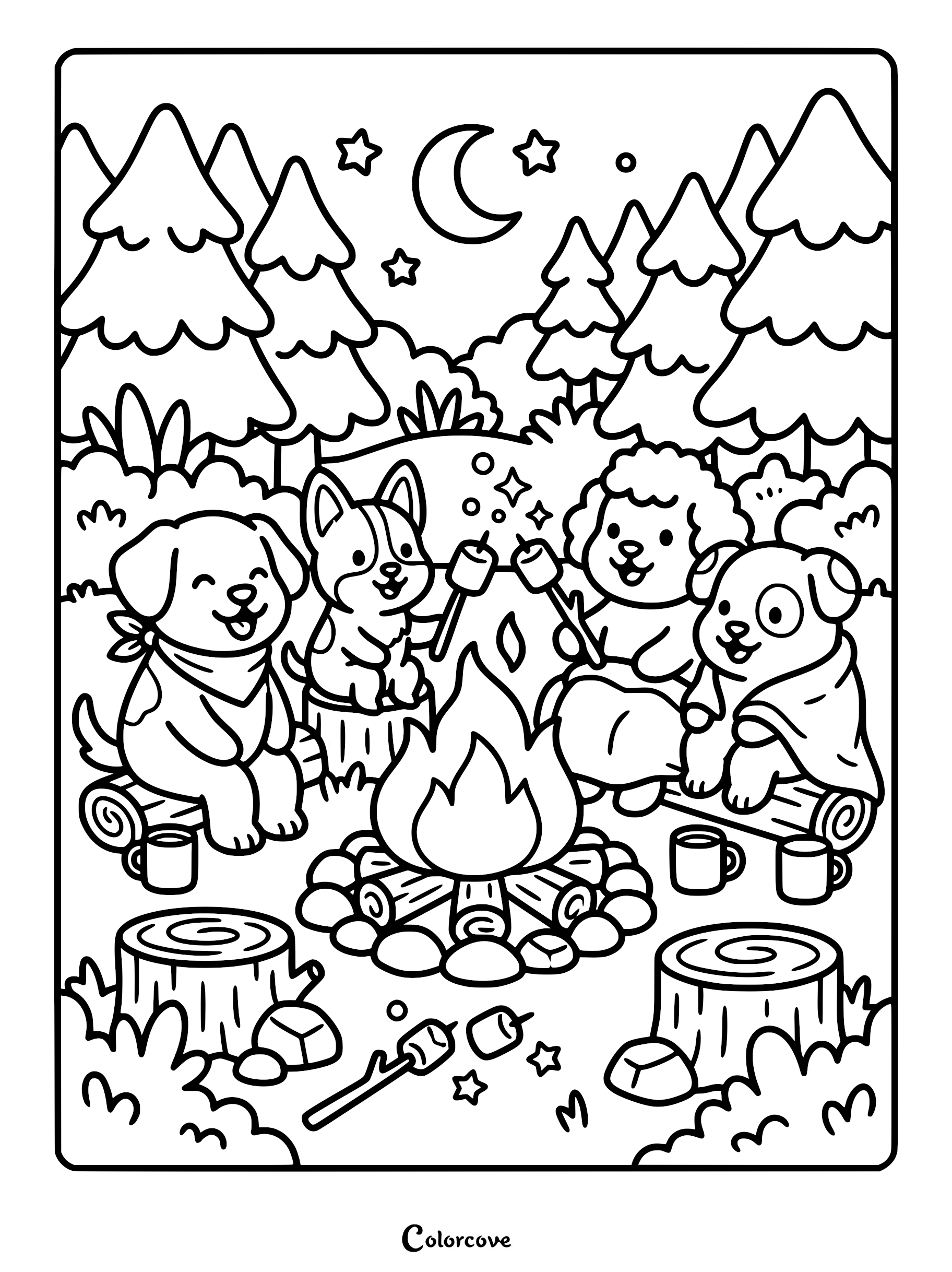 Four cute puppies roasting marshmallows over a campfire in a forest at night, coloring page style line art.