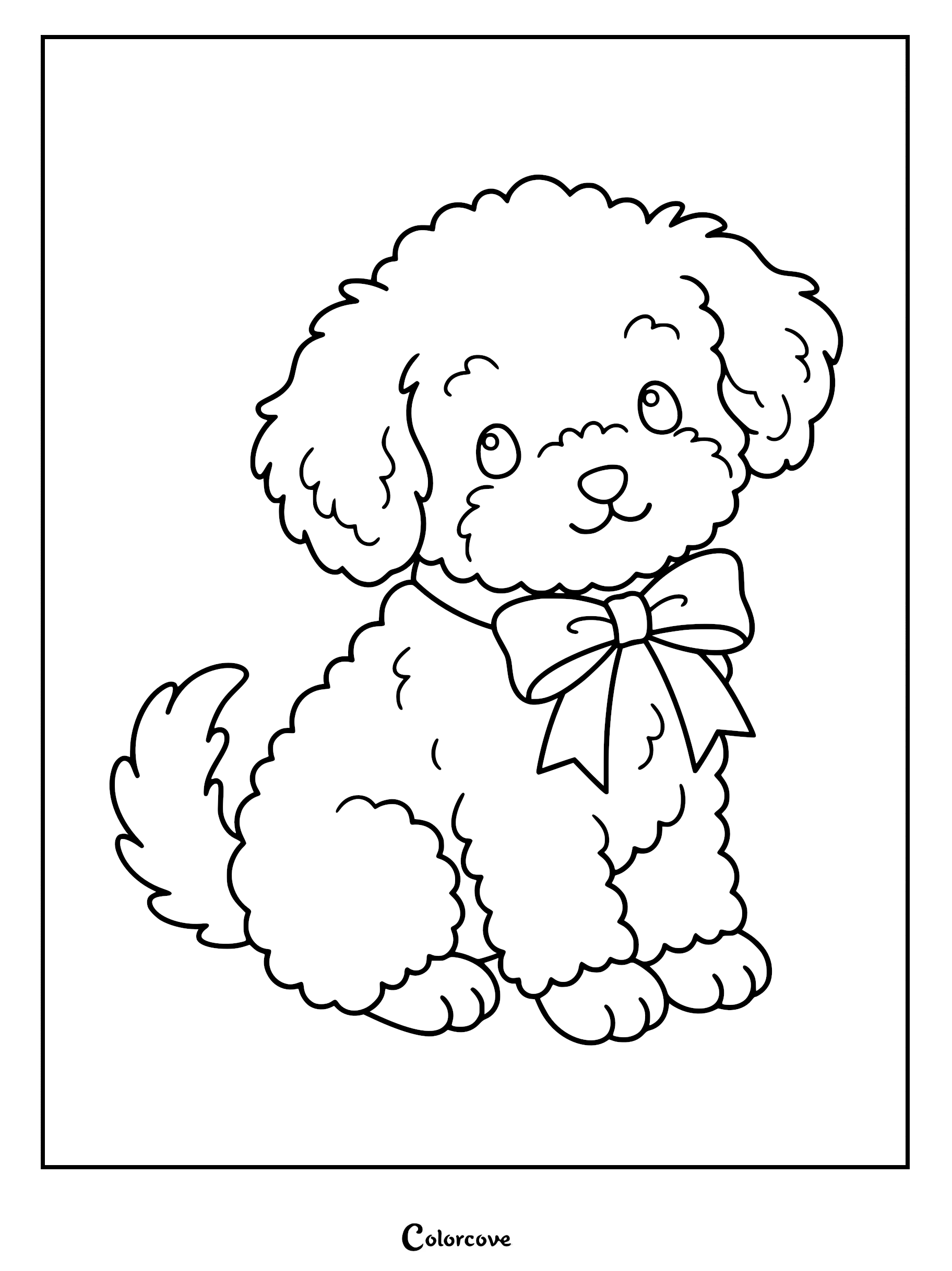 A simple line art coloring page of a fluffy poodle puppy sitting down and wearing a large decorative bow around its neck.
