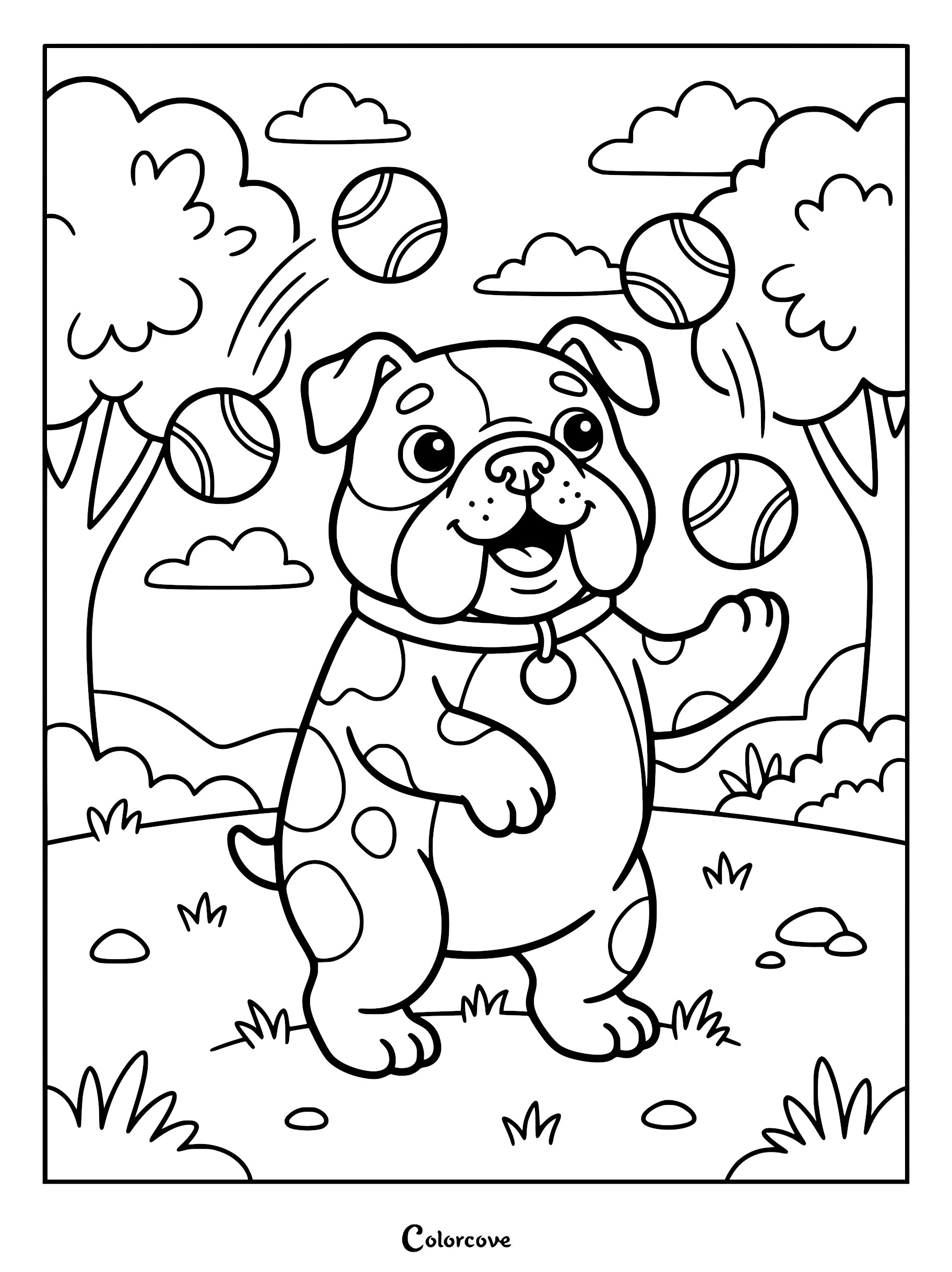 A cute spotted bulldog juggling four tennis balls in a park, printable coloring page for kids.