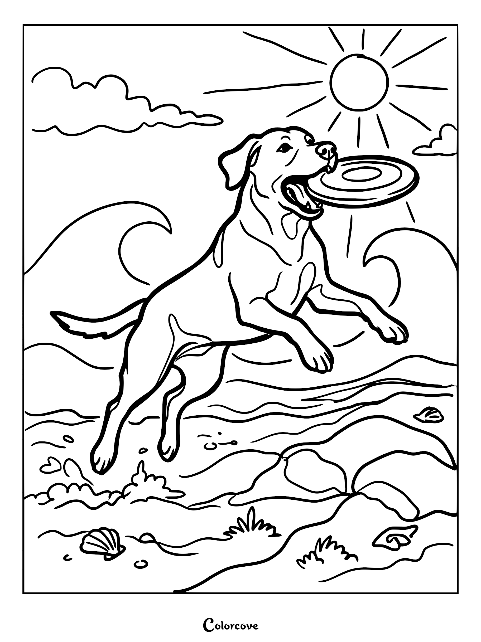 A Labrador Retriever jumping to catch a flying disc on a sandy beach with ocean waves and a bright sun in this printable coloring page.