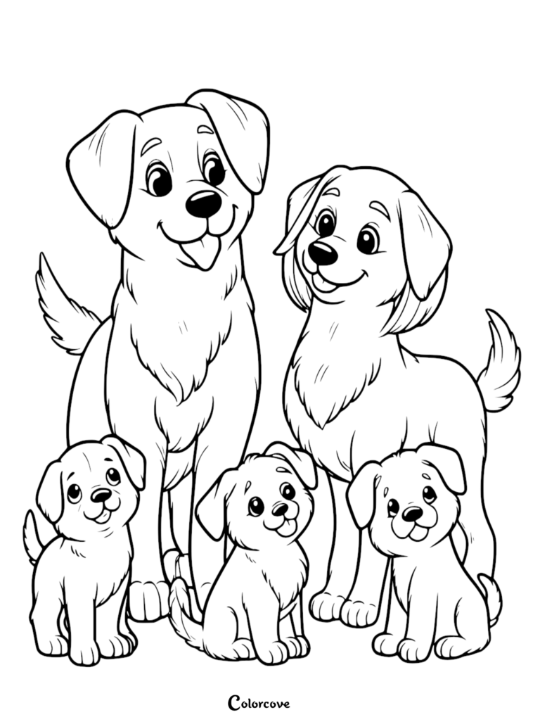 A printable coloring page featuring two adult dogs standing behind three cute, small puppies in a group portrait.