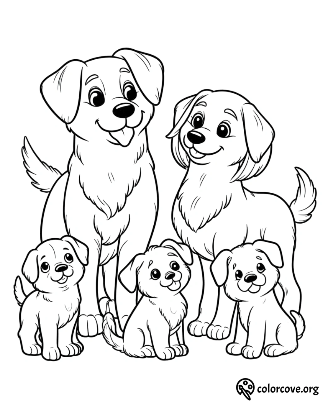 a group of dogs and puppies