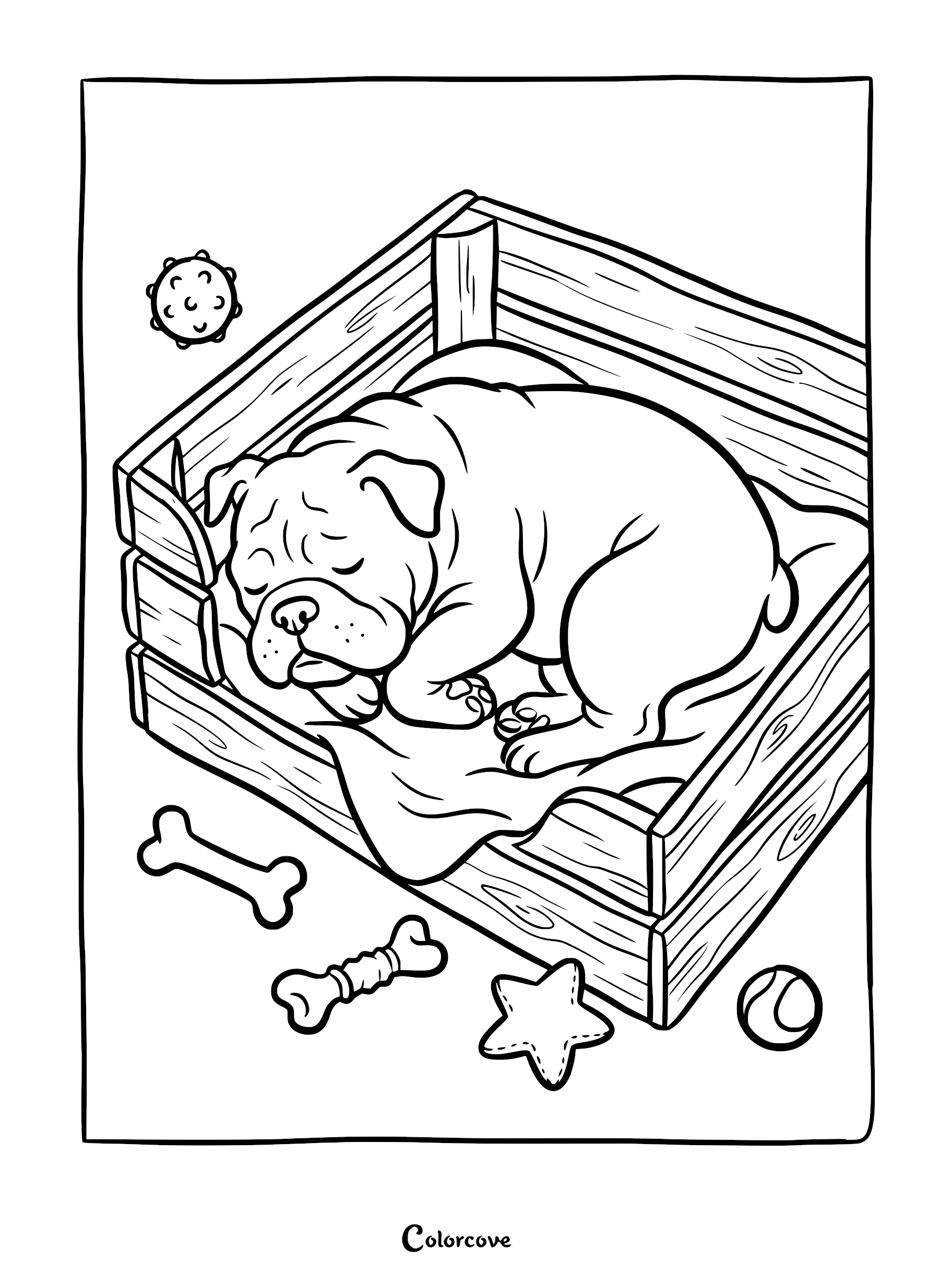 A cute bulldog sleeping on a blanket inside a wooden crate, surrounded by toys like bones, a ball, and a star, in this printable coloring page.
