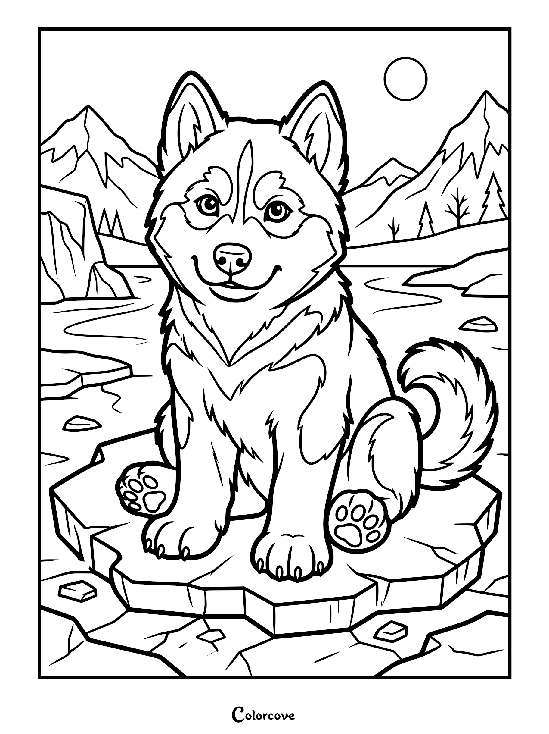 A cute Siberian Husky puppy sitting on an ice floe in a snowy mountain landscape, printable coloring page.