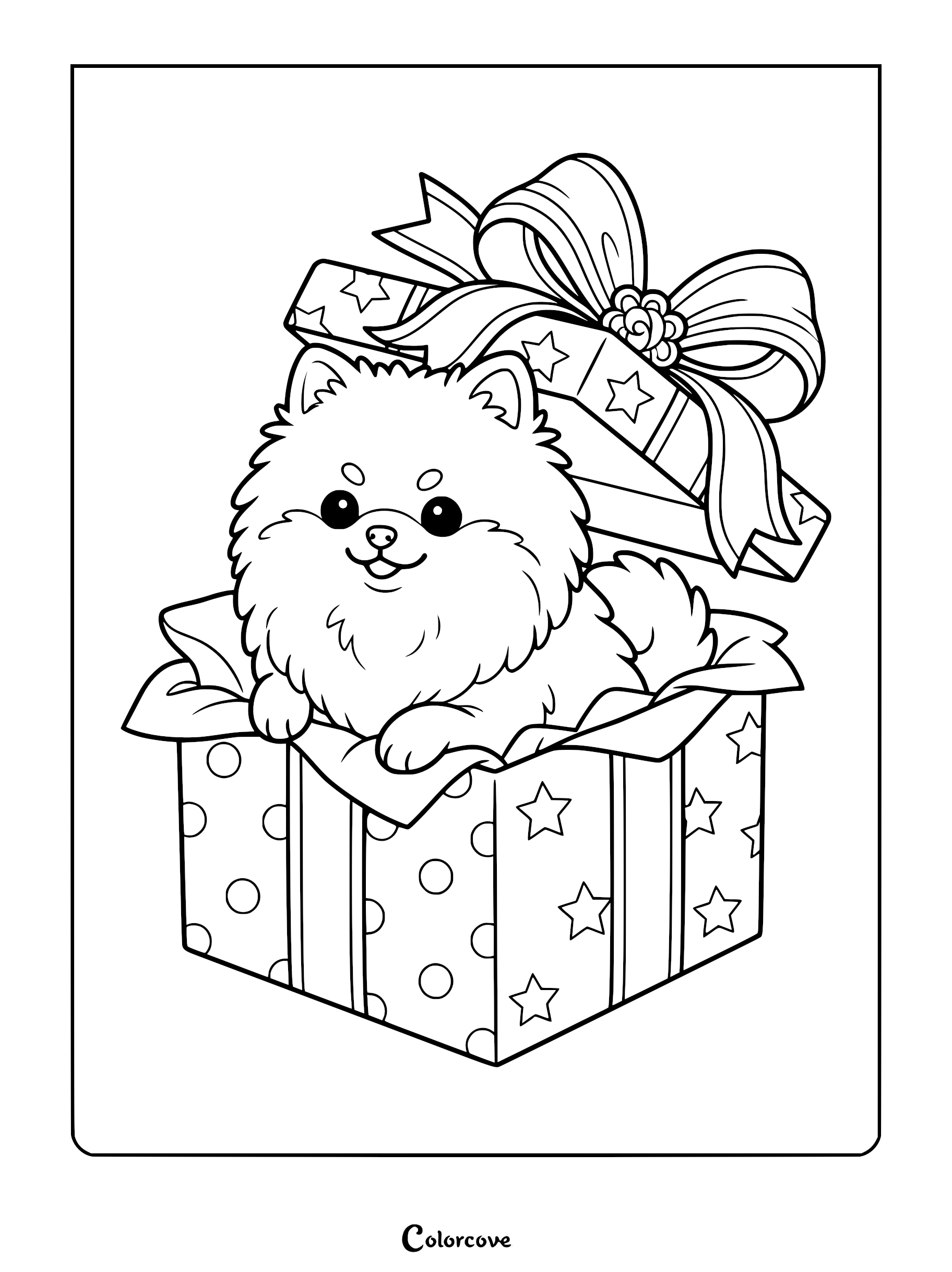 A fluffy Pomeranian puppy sitting inside a star and circle patterned gift box with a large bow, printable coloring page.