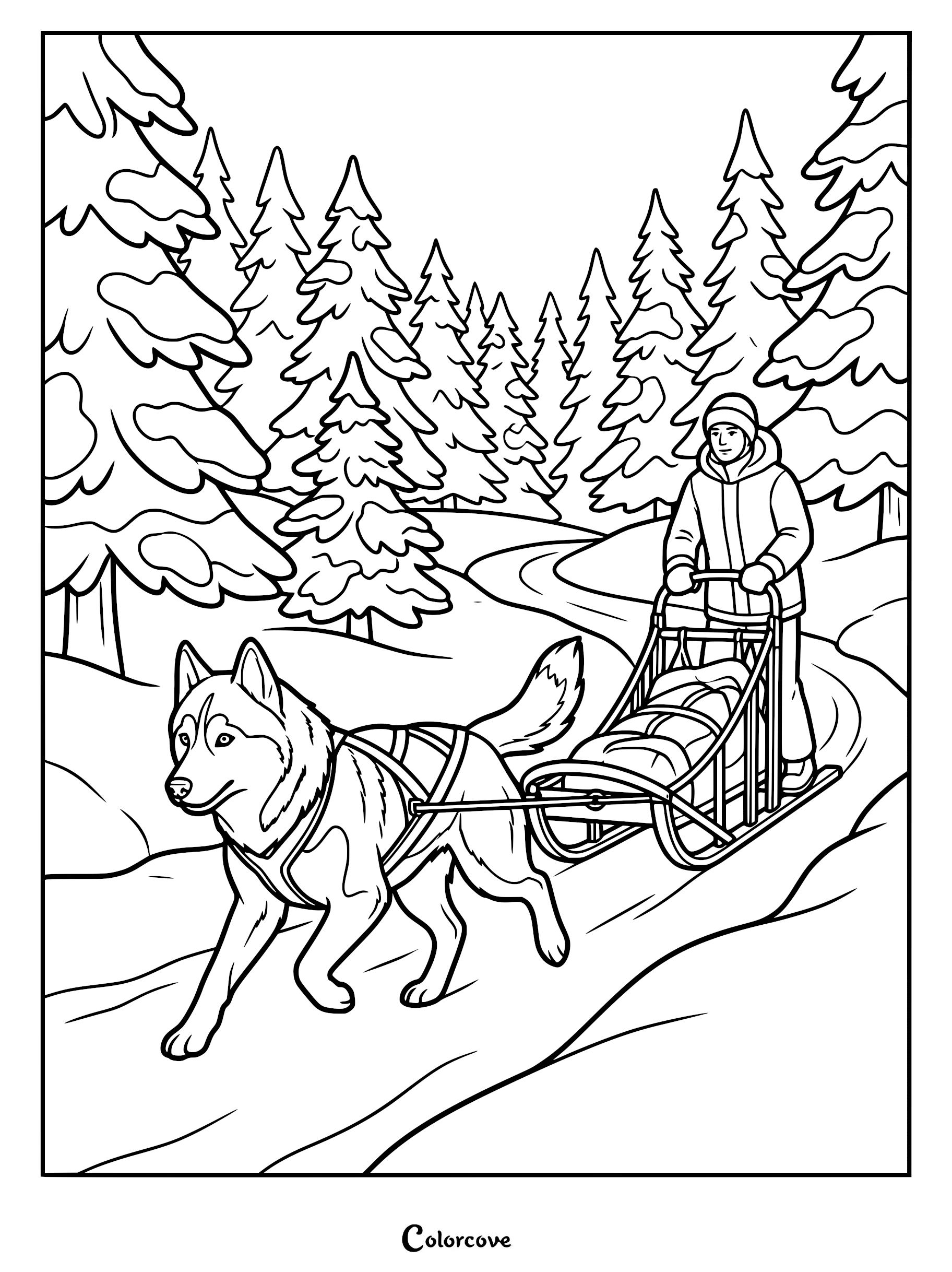 A Siberian Husky pulling a sled with a person through a snowy forest in this printable coloring page.