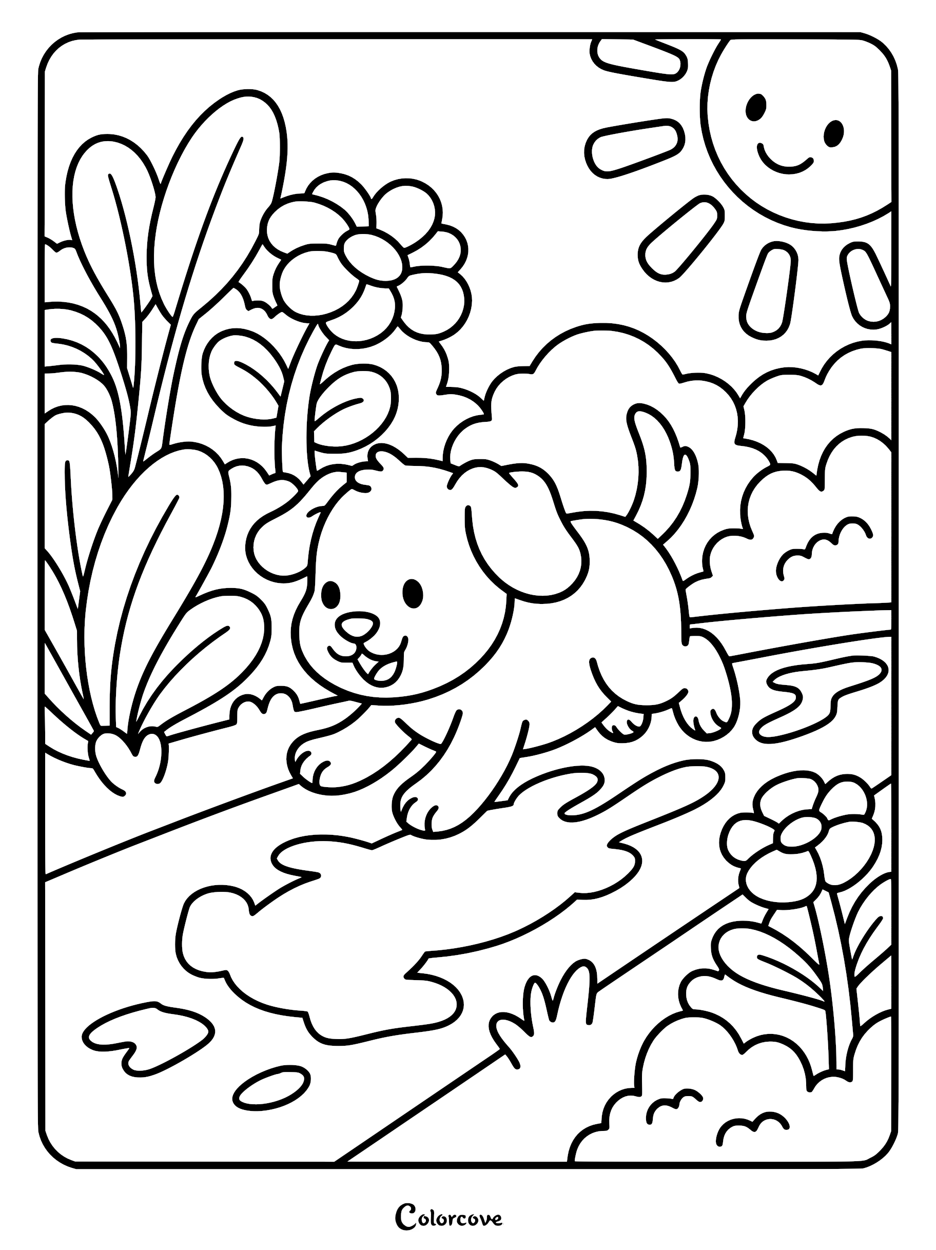 A cute cartoon puppy jumping through a puddle on a sunny day in a garden, printable coloring page.