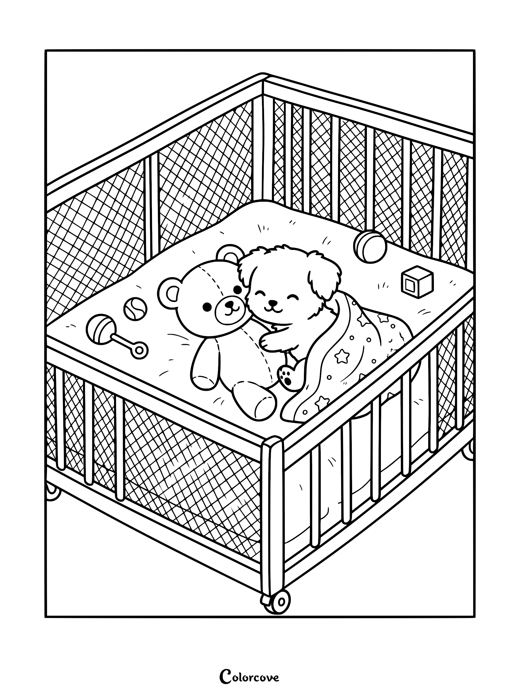 A cute puppy cuddling a teddy bear inside a playpen with toys, coloring page style line art.