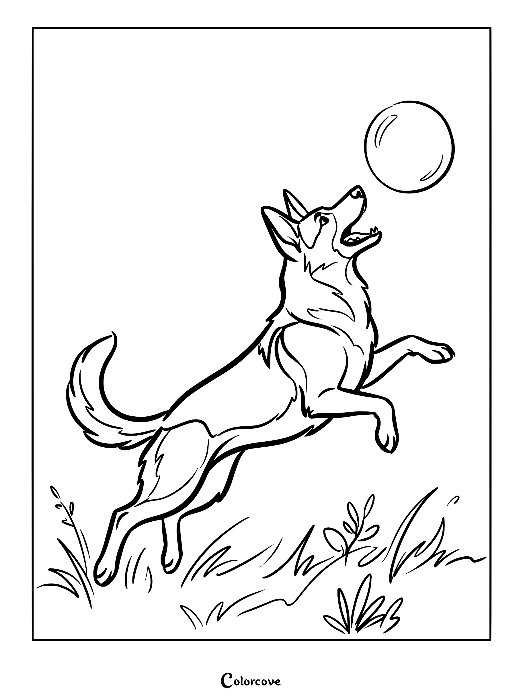 A German Shepherd jumping to catch a ball in a grassy field coloring page