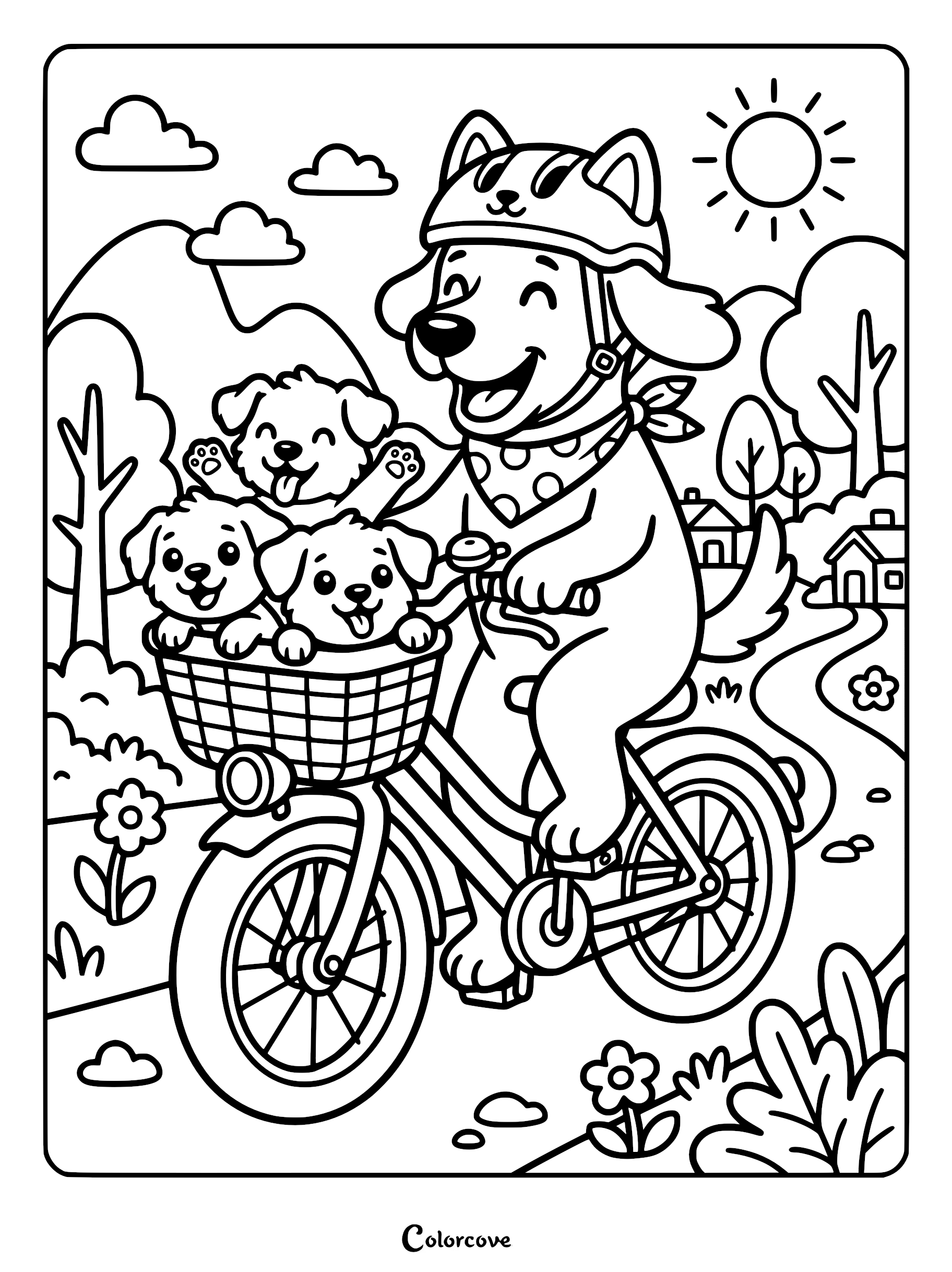 A happy dog wearing a helmet and polka-dot bandana riding a bicycle with three cute puppies in the front basket, coloring page style.
