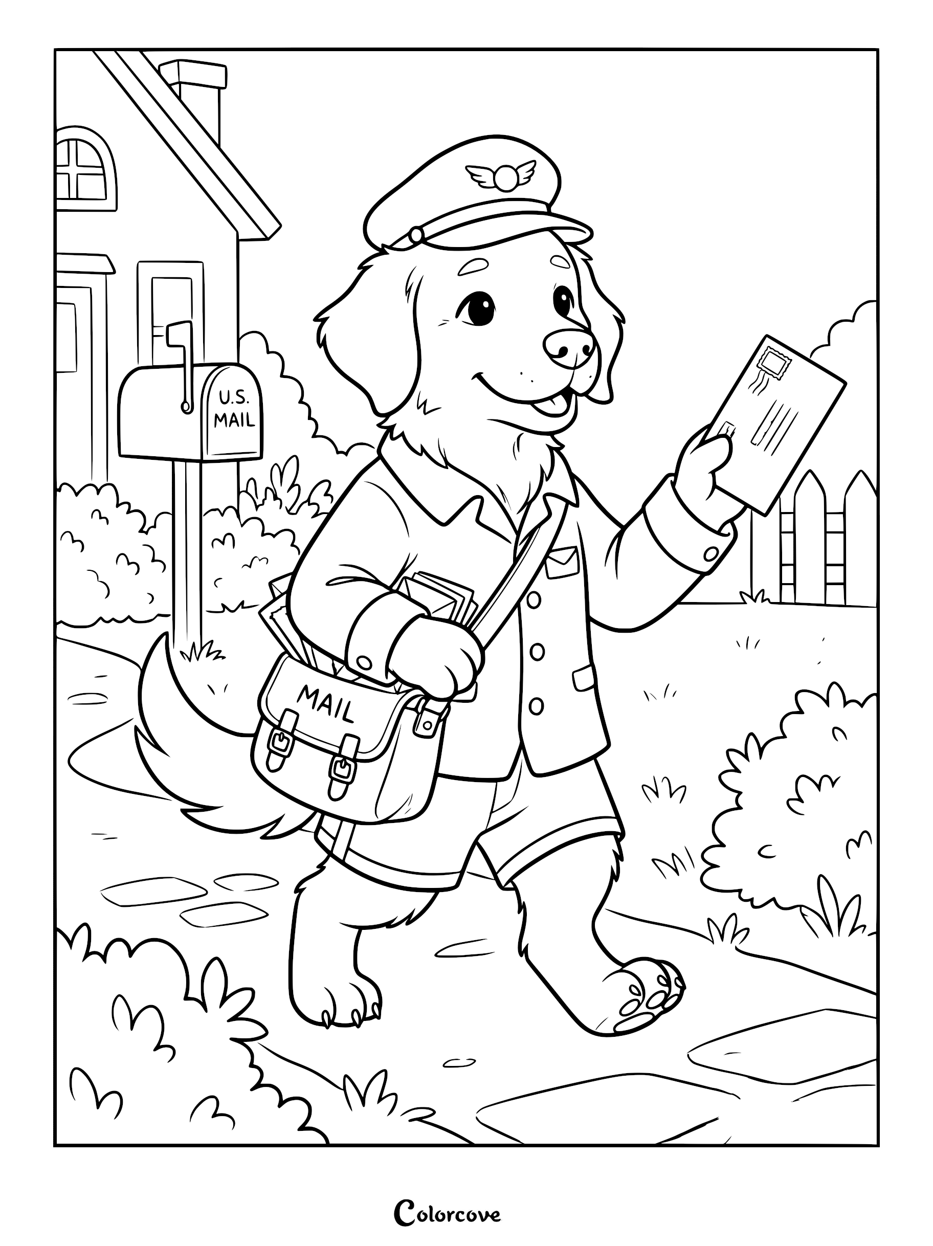 A friendly golden retriever dog wearing a mail carrier uniform and hat, holding a letter while walking past a mailbox on a coloring page.