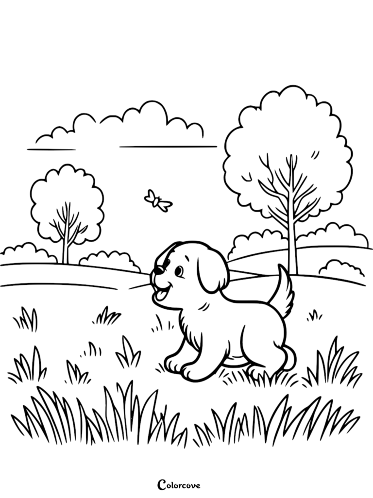 A cute puppy looking up at a butterfly in a grassy field, printable coloring page for kids.