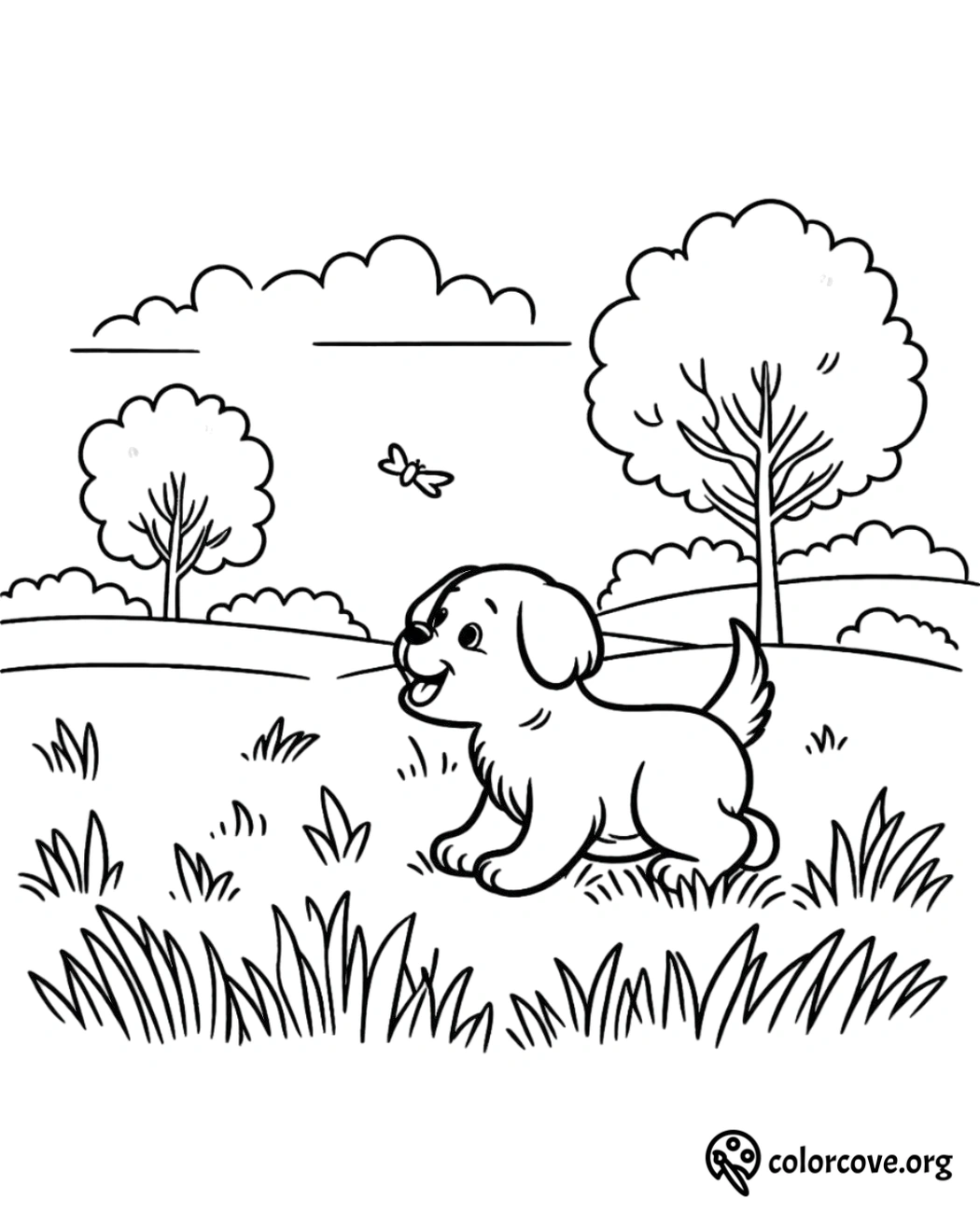 a cartoon of a dog in a grass field