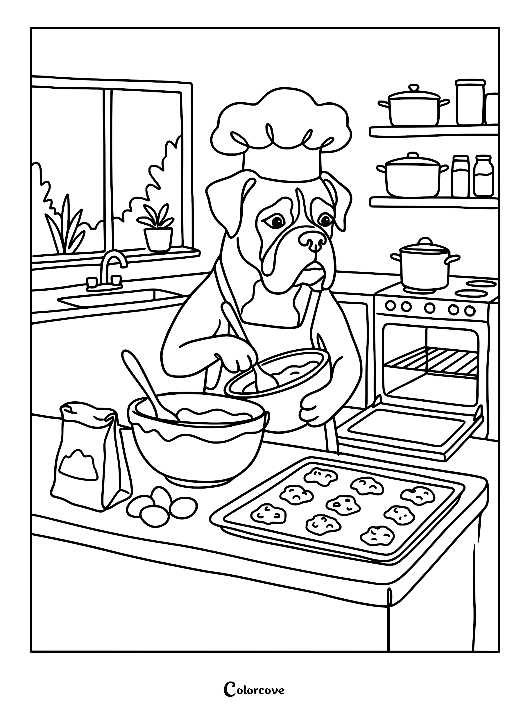 A Boxer dog wearing a chef hat and apron mixing cookie dough in a kitchen on this printable coloring page.
