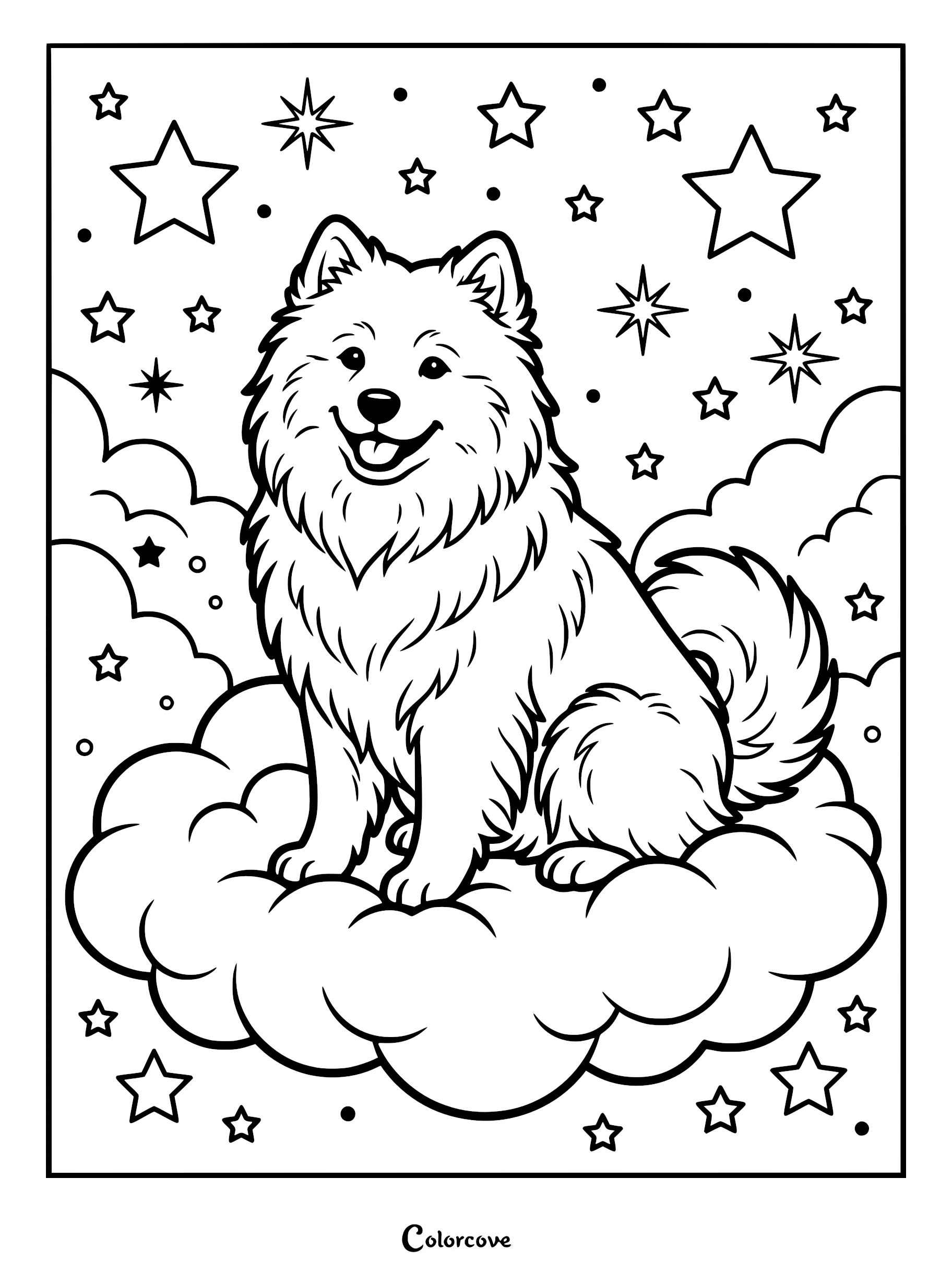 A happy, fluffy Samoyed dog sitting on a large, soft cloud surrounded by twinkling stars, presented as a printable coloring page.