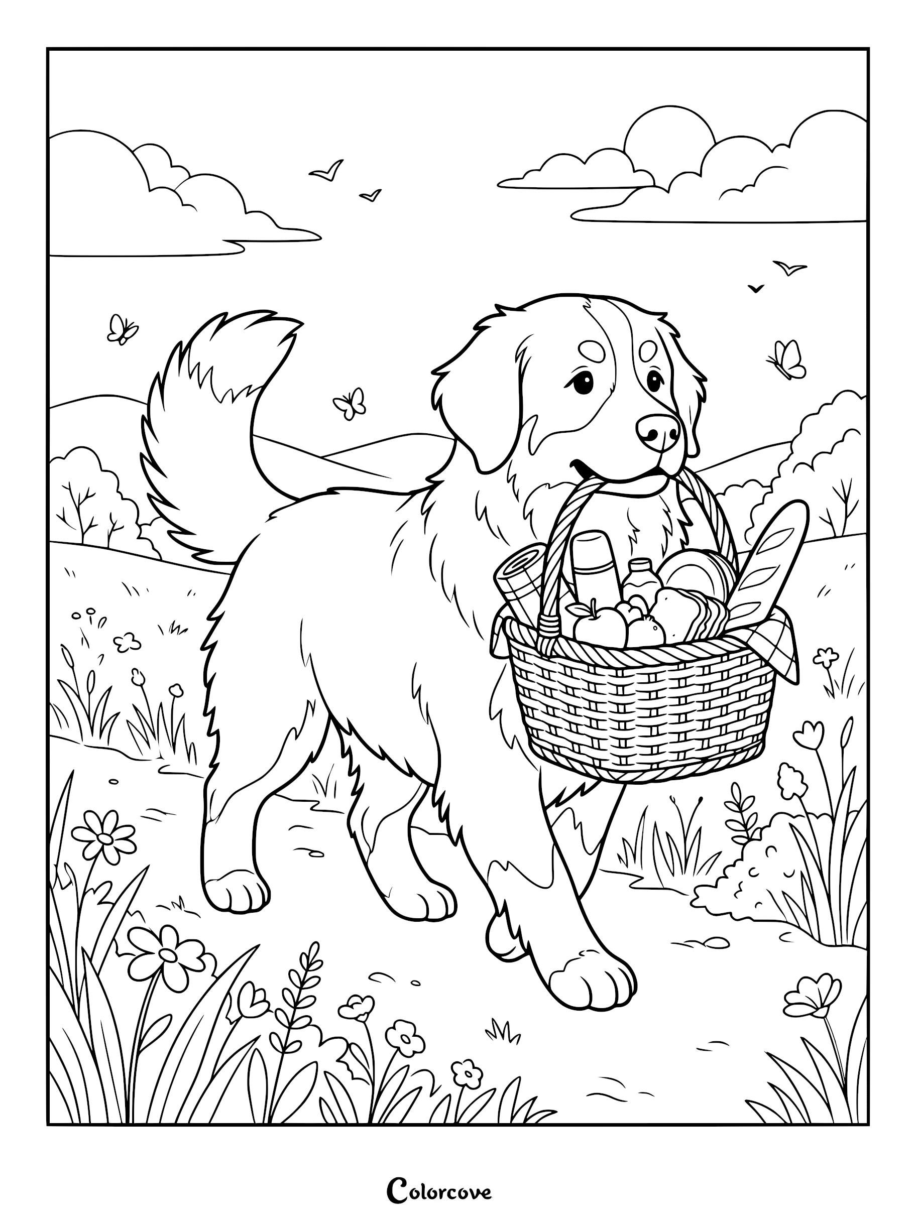 A Bernese Mountain Dog carrying a picnic basket filled with bread and fruit on a flower-filled path, coloring page.