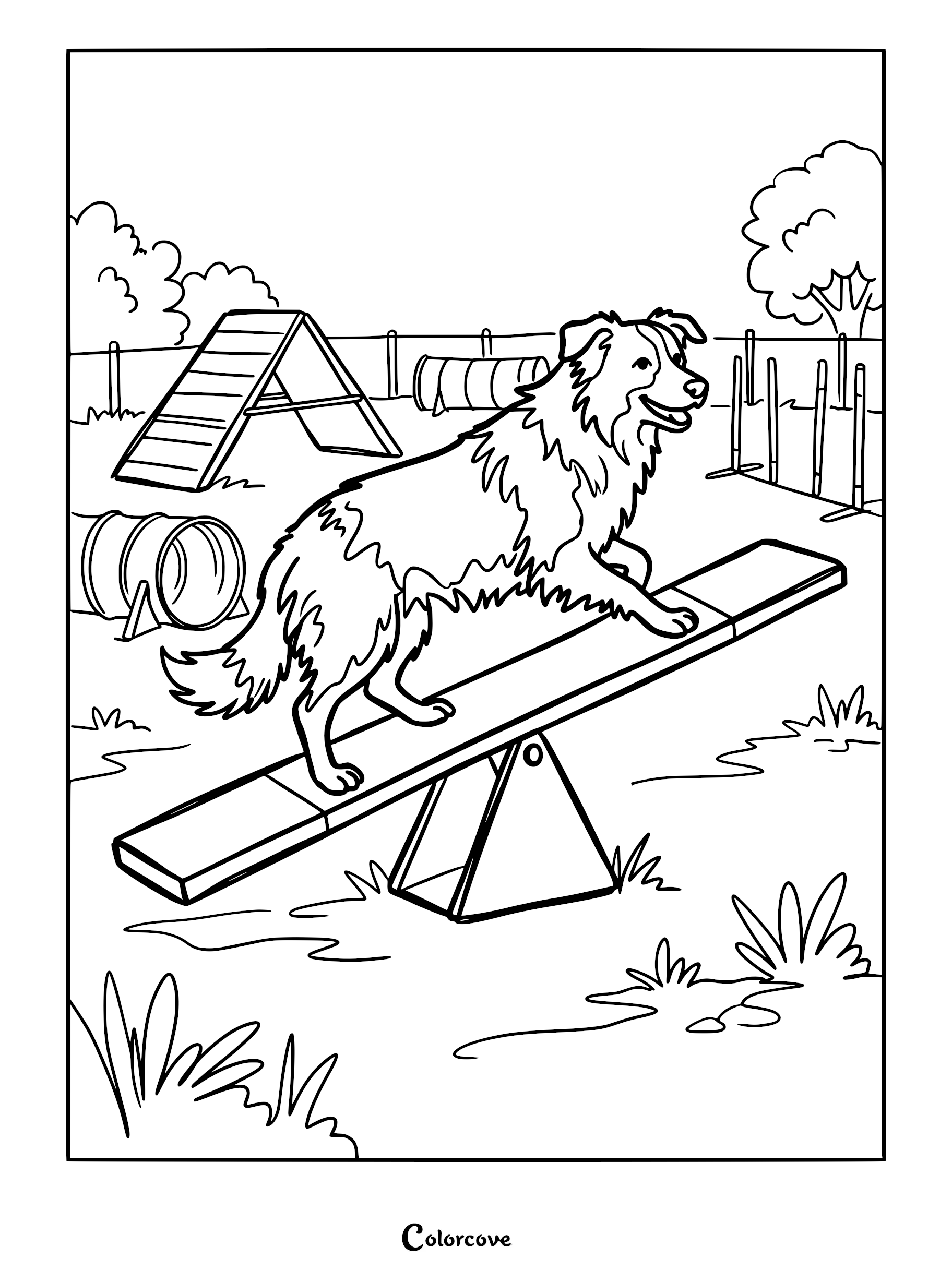 A Border Collie balancing on a teeter-totter in an agility course coloring page with tunnels and jumps in the background.