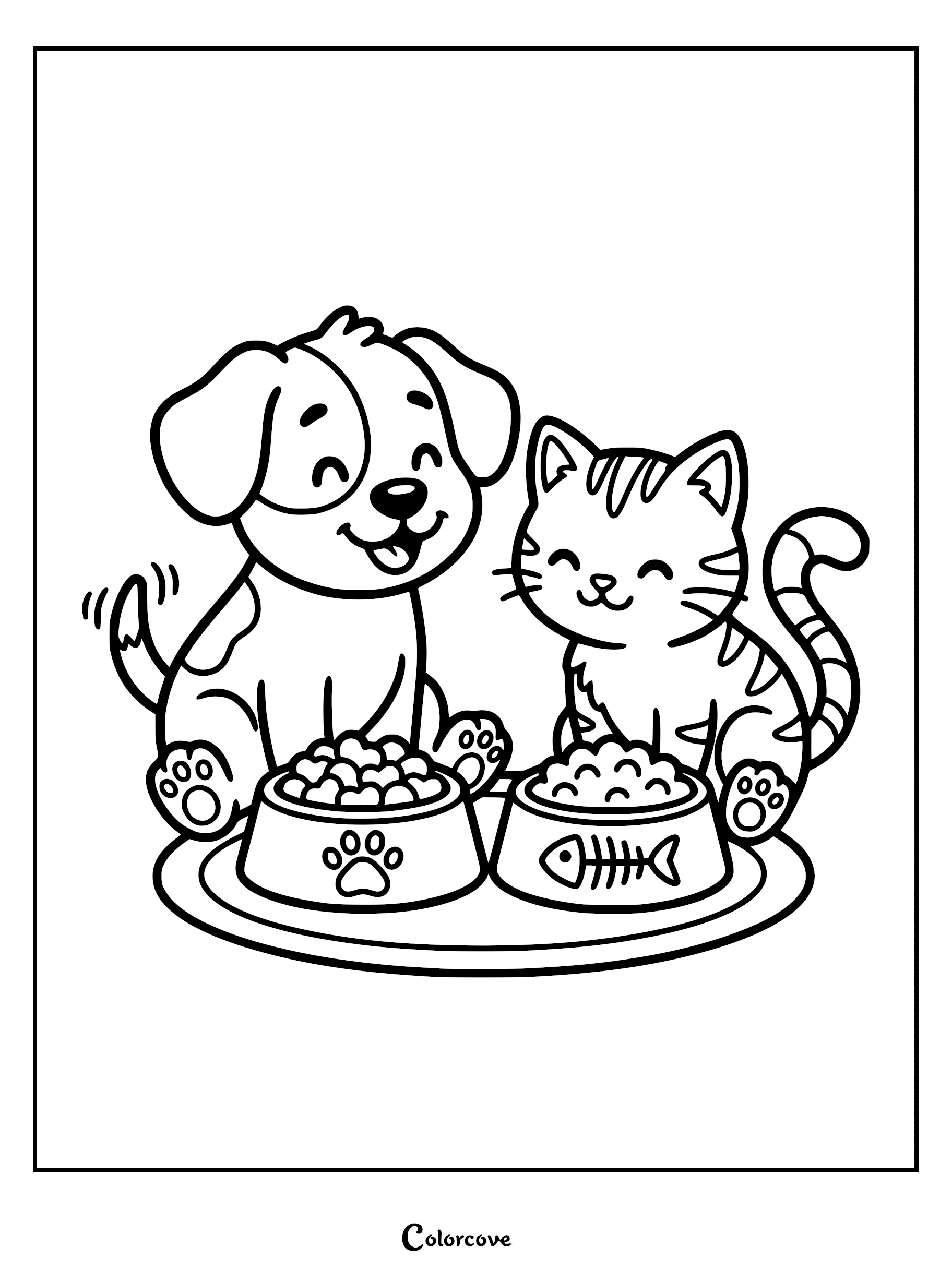 A happy puppy and a smiling kitten sitting side by side eating from their respective food bowls on a tray, coloring page.