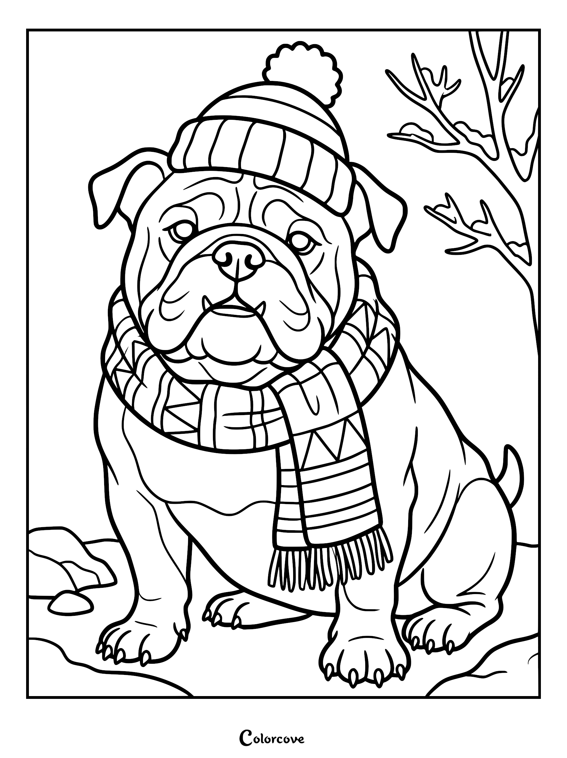 A bulldog wearing a pom-pom beanie and a striped scarf sitting in the snow, winter-themed coloring page.