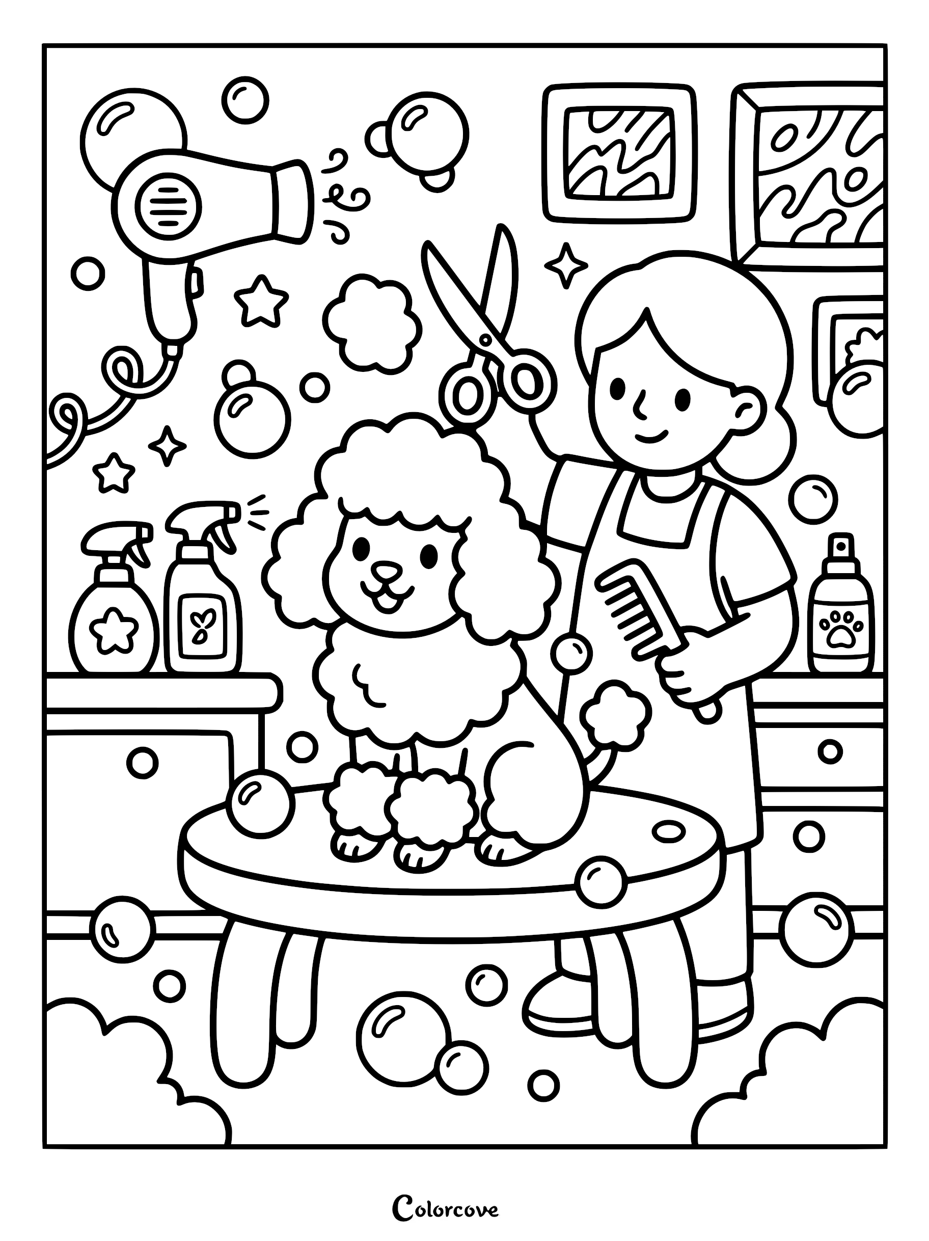 A cute poodle sitting on a grooming table while a groomer holds scissors and a comb in a bubble-filled salon coloring page.