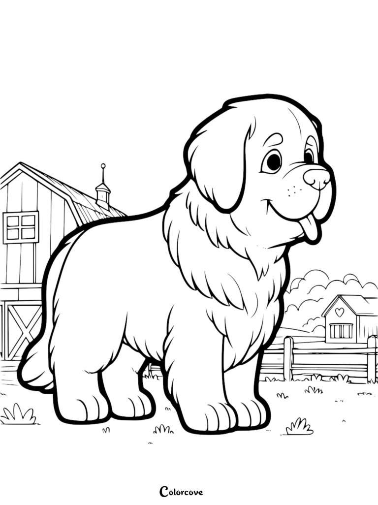 A happy Saint Bernard dog standing in front of a rustic barn, printable coloring page for kids.