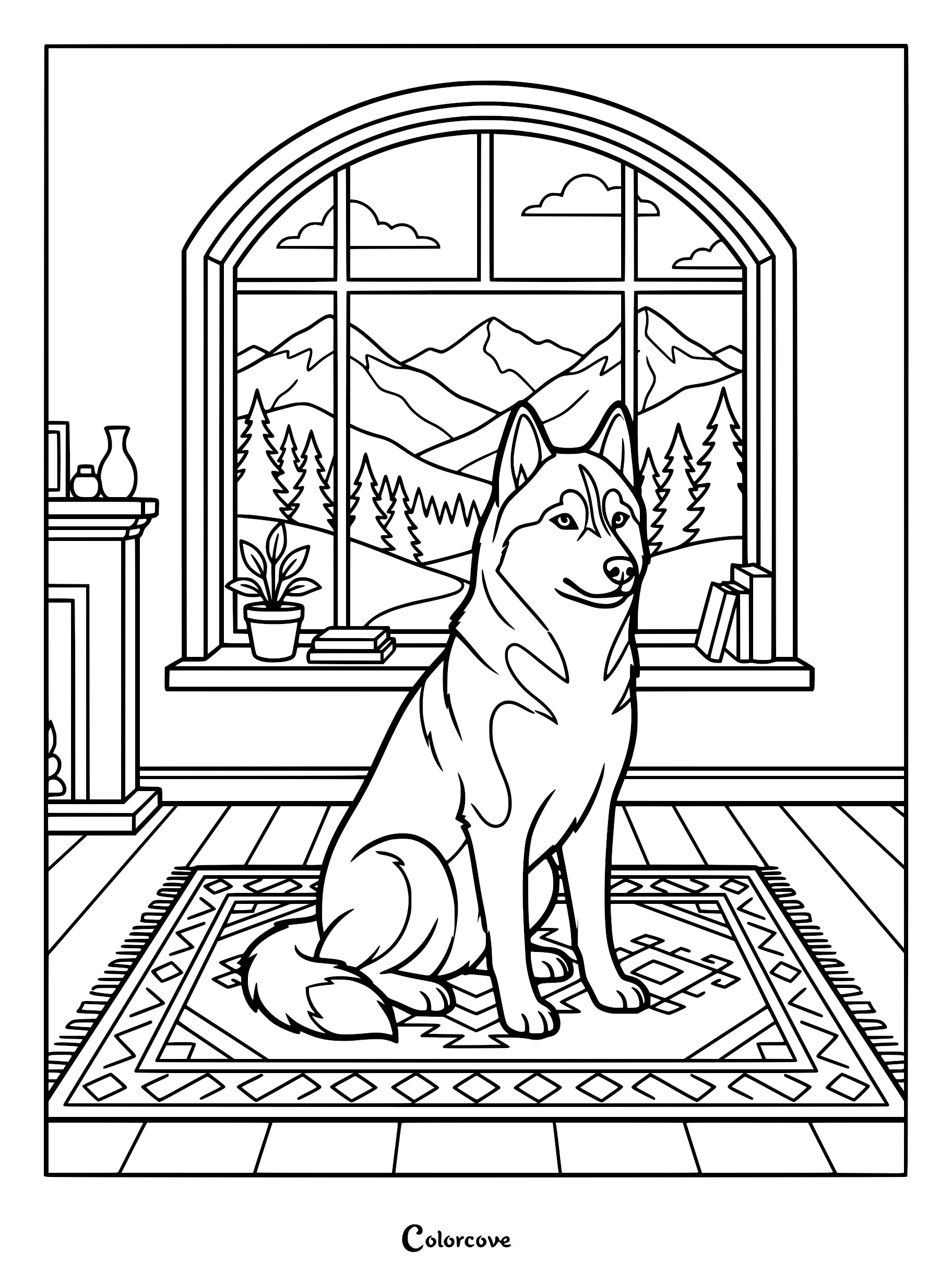 A Siberian Husky sitting on a patterned rug in a cozy room with a large arched window showing a mountain landscape coloring page.