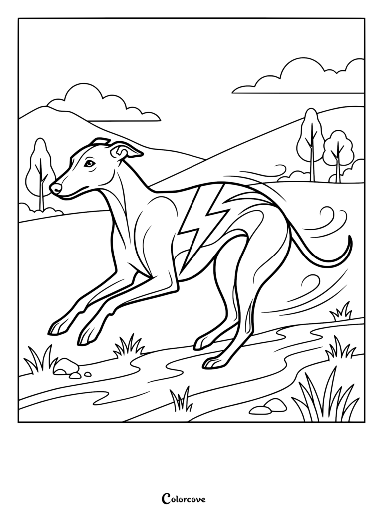 A sleek greyhound running fast with a lightning bolt emblem on its side in this printable coloring page featuring a scenic outdoor background.