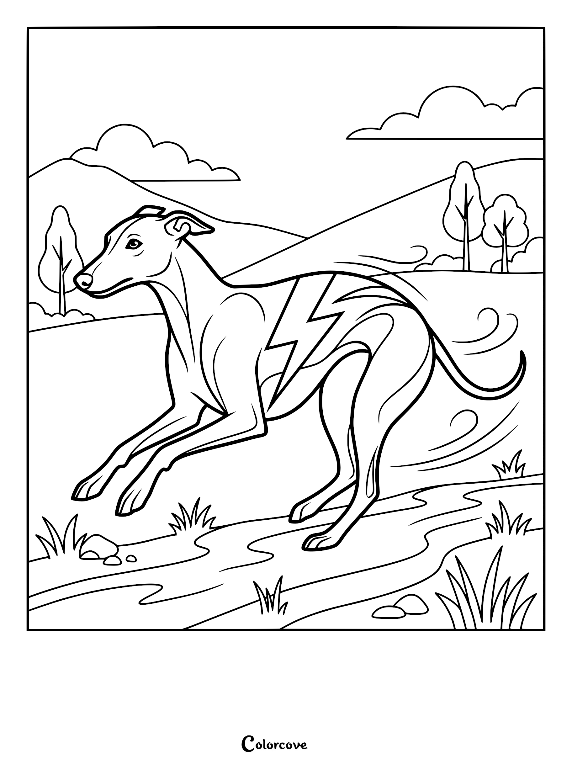 A sleek greyhound running fast with a lightning bolt emblem on its side in this printable coloring page featuring a scenic outdoor background.