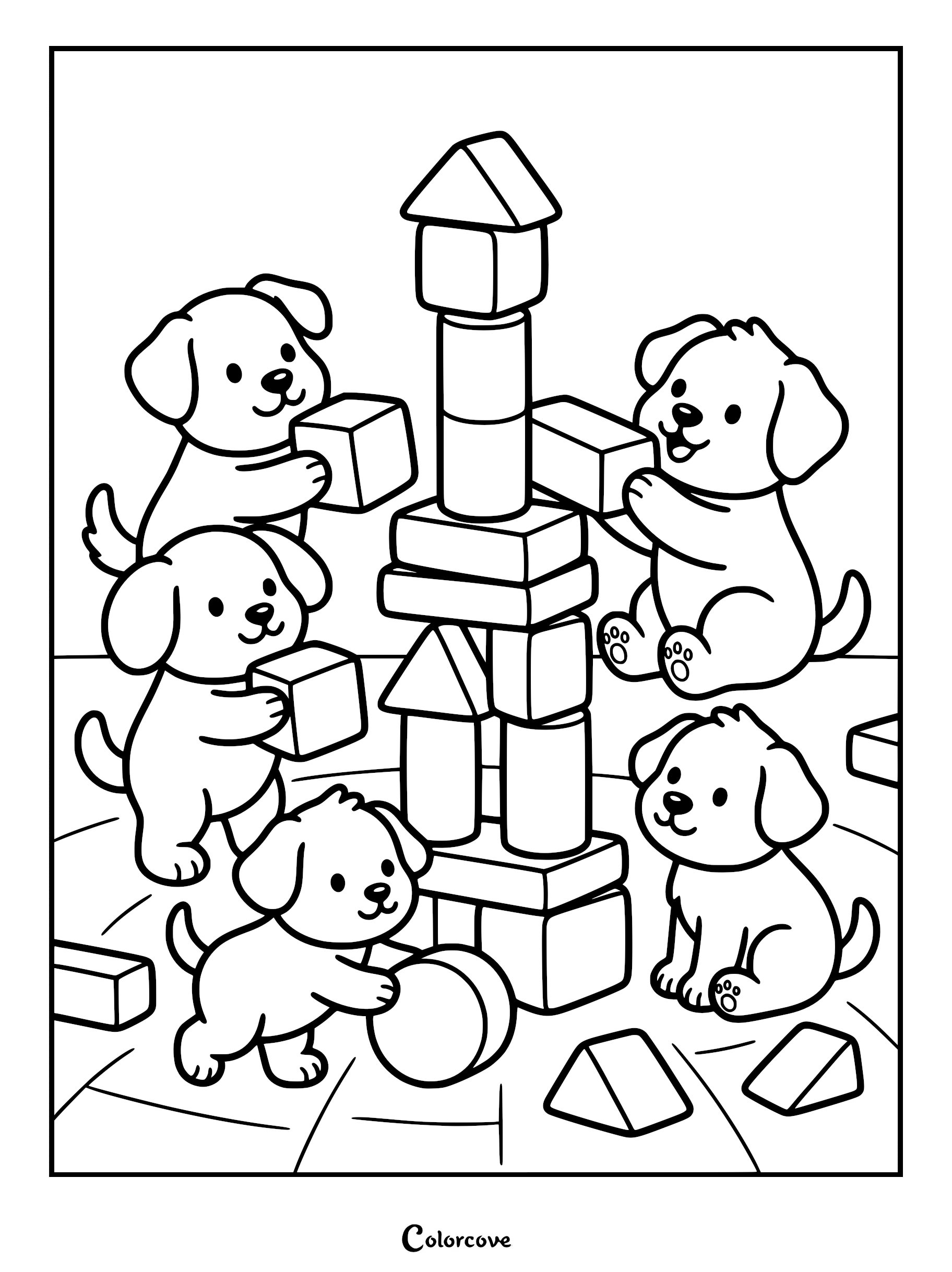 Five cute puppies playing together and stacking wooden blocks in this printable coloring page.