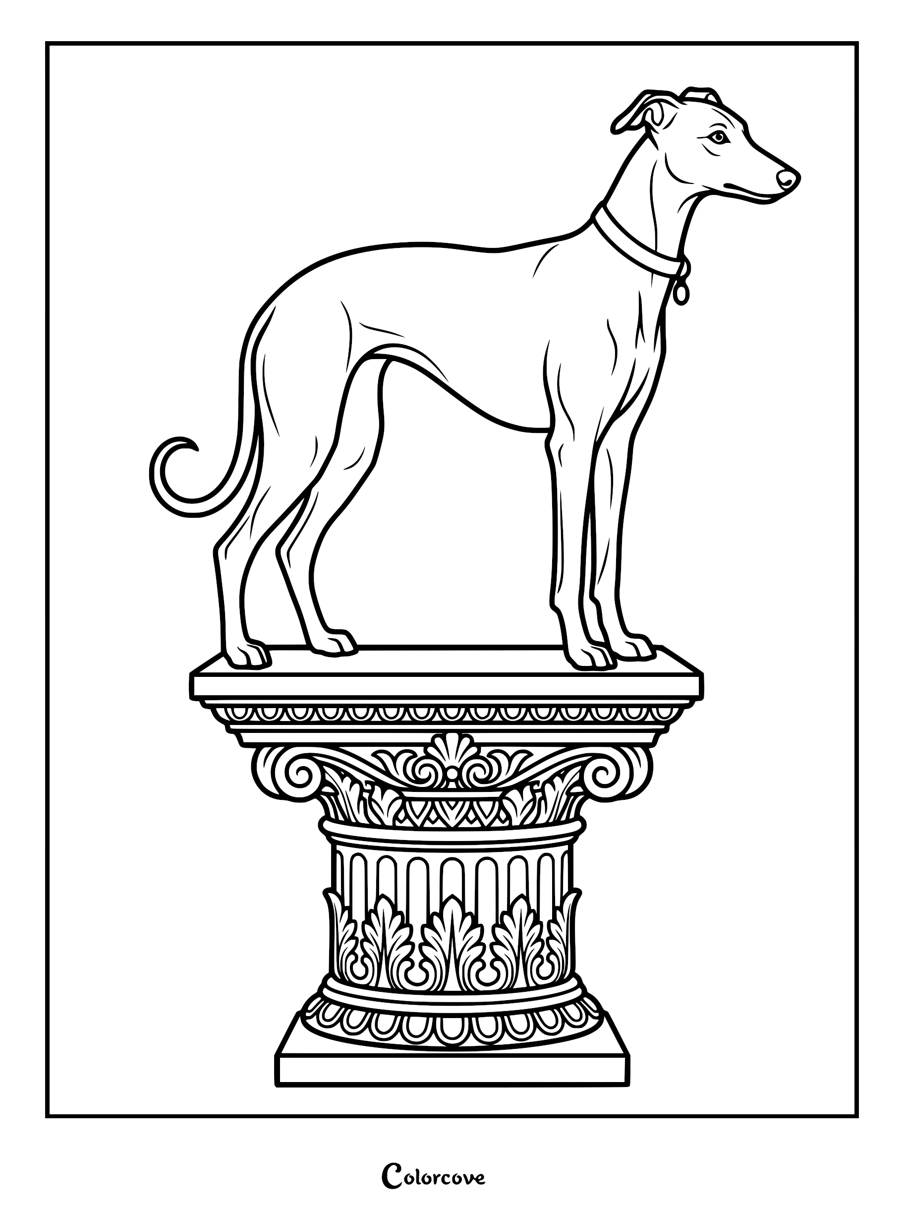 A regal Greyhound dog standing on an ornate classical pedestal in this detailed line art coloring page.