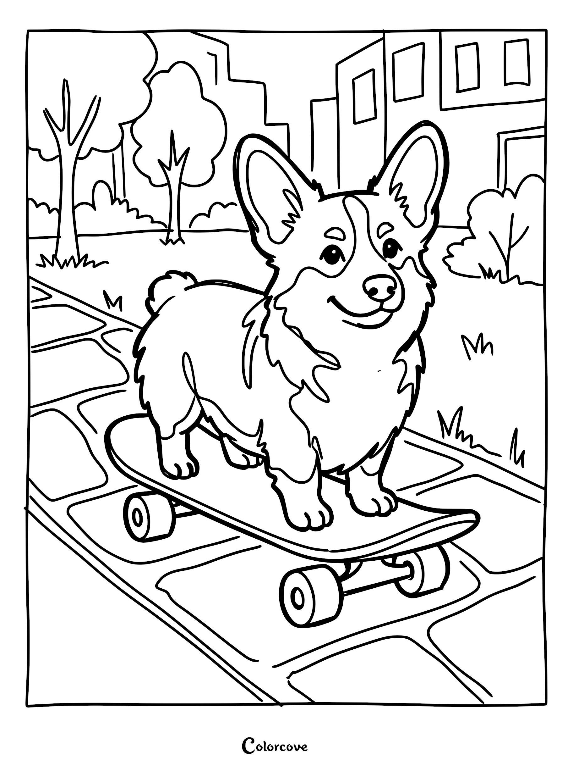 A happy Corgi standing on a skateboard on a paved sidewalk, coloring page style line art with city buildings in the background.