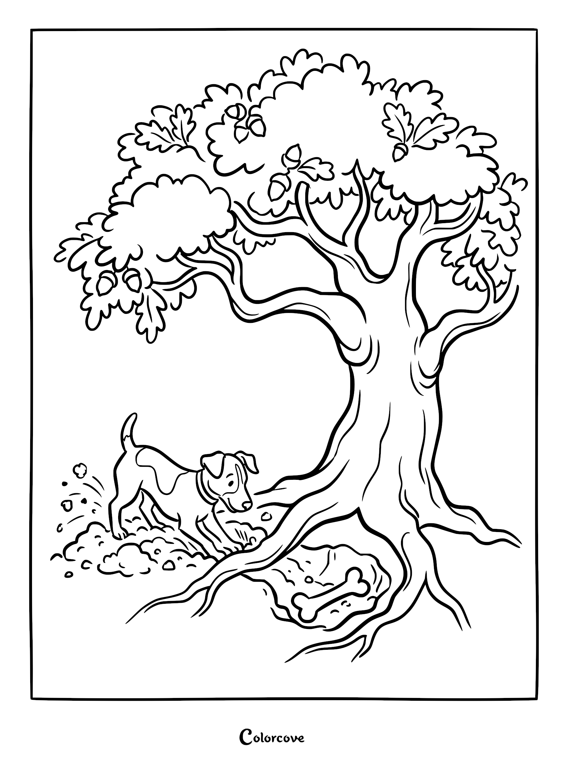 A Jack Russell Terrier digging in the dirt near the roots of a large oak tree to find a bone in this printable coloring page.