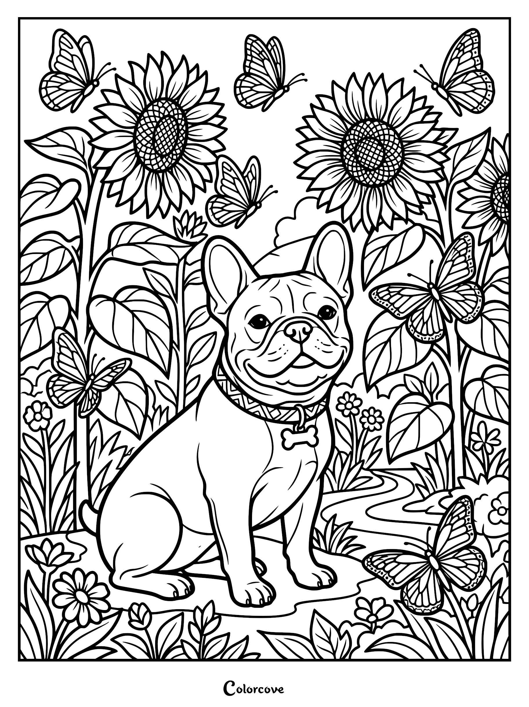 A French Bulldog wearing a bone-shaped tag collar sitting in a garden with sunflowers and butterflies, printable coloring page.
