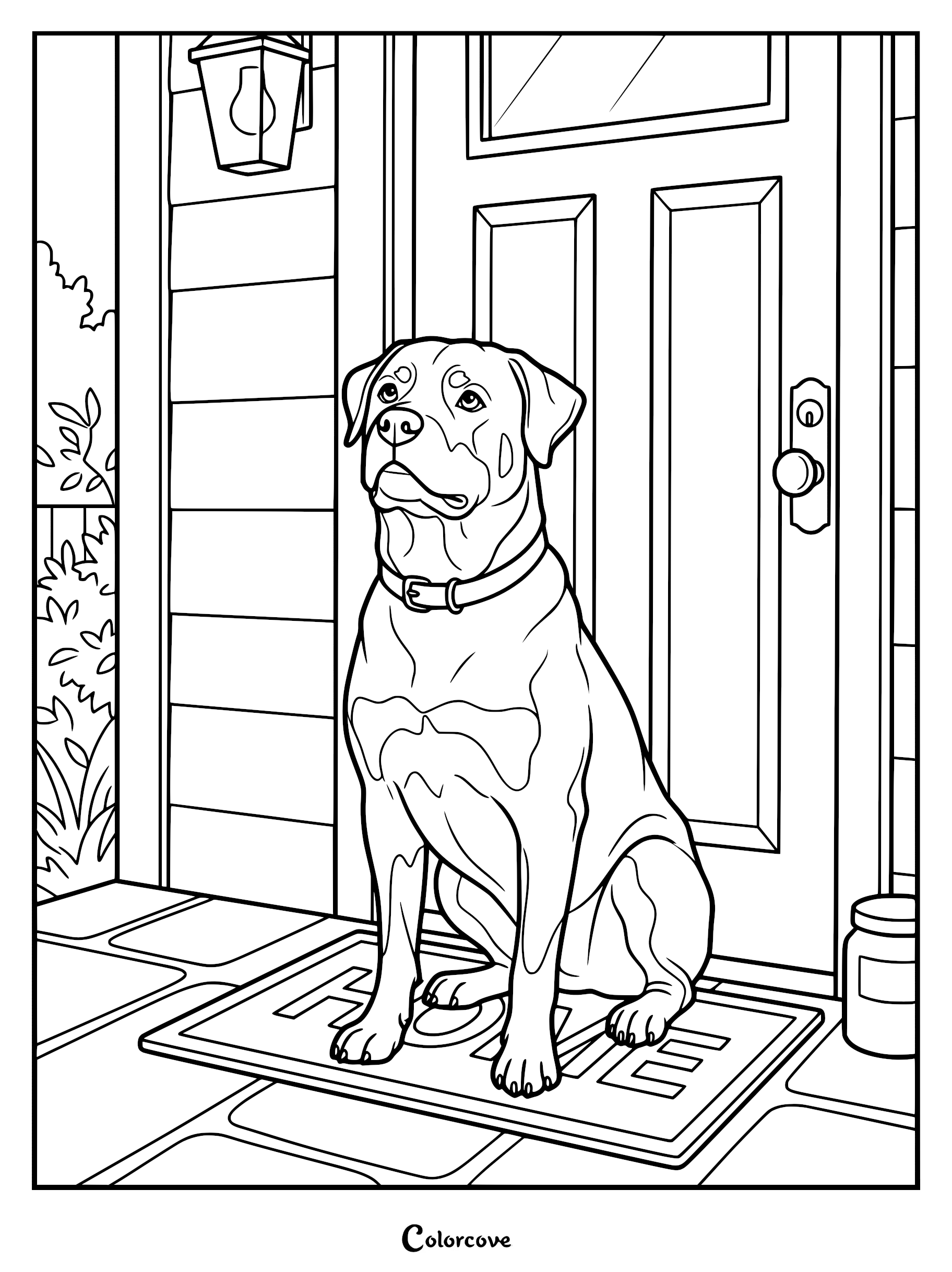 A Rottweiler wearing a collar sitting on a welcome mat in front of a house door, printable coloring page.