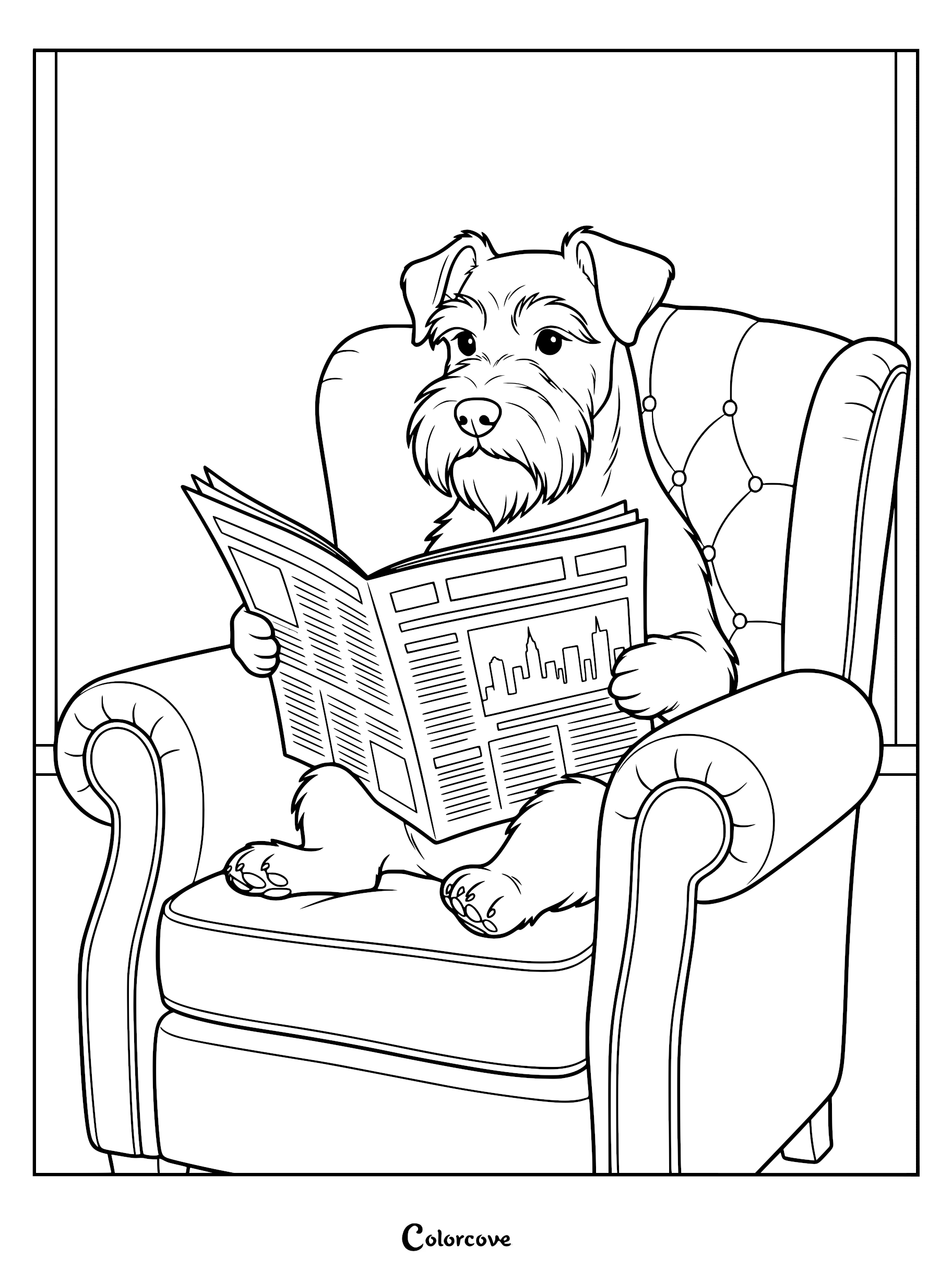 A Schnauzer dog sitting in a tufted armchair reading a newspaper, printable coloring page.