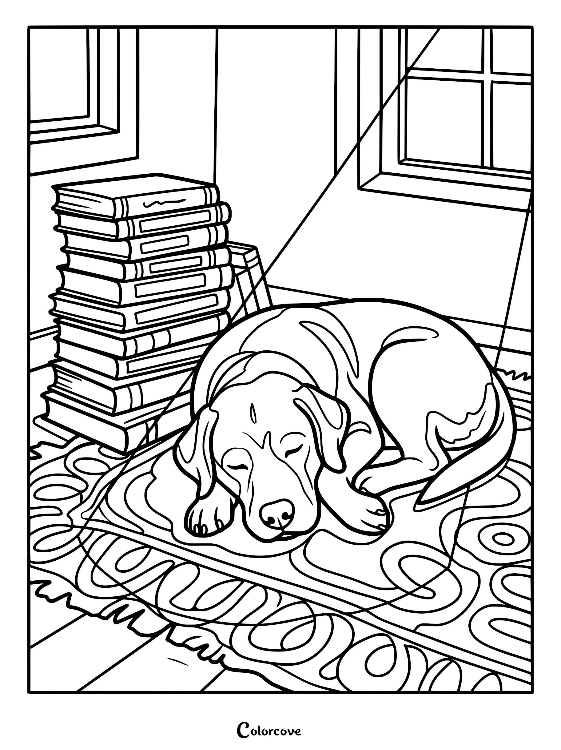 A Labrador retriever sleeping on a patterned rug next to a tall stack of books, printable coloring page.