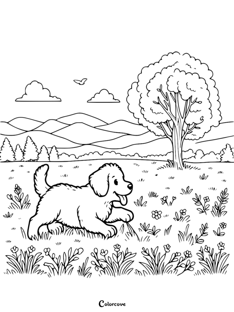 A happy golden retriever puppy running through a flower-filled meadow with mountains and a large tree in the background, printable coloring page.