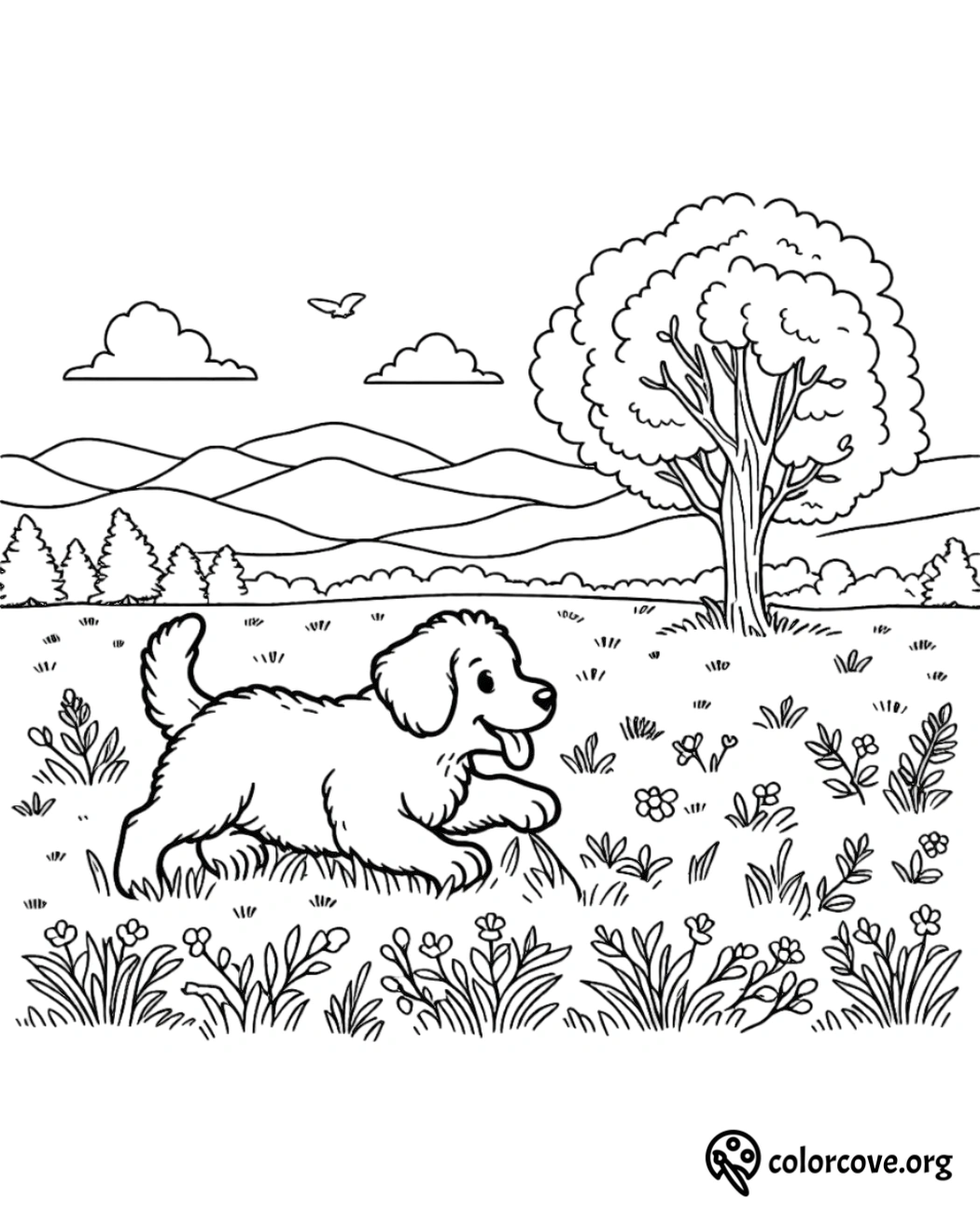 a black and white drawing of a dog playing in a field