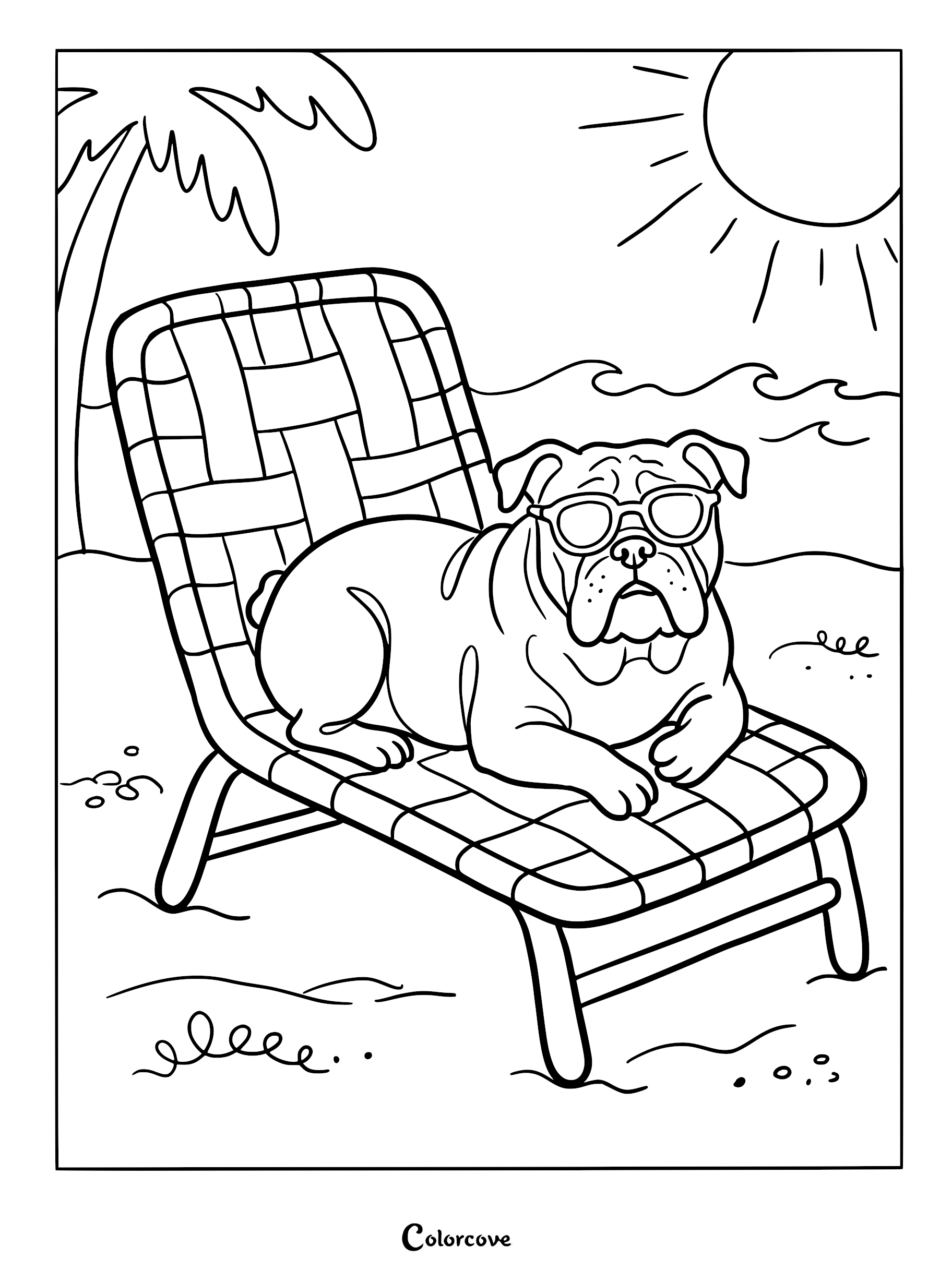A bulldog wearing sunglasses resting on a beach lounge chair under a palm tree, printable coloring page.