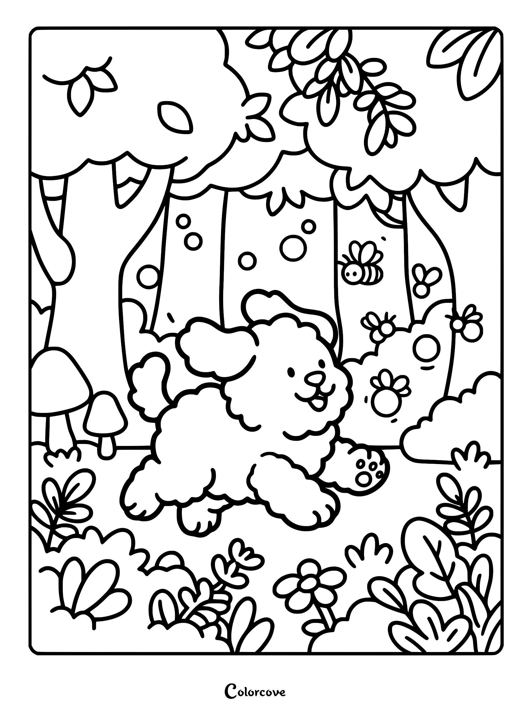 A cute fluffy puppy running through a forest with mushrooms and bees on this printable coloring page.