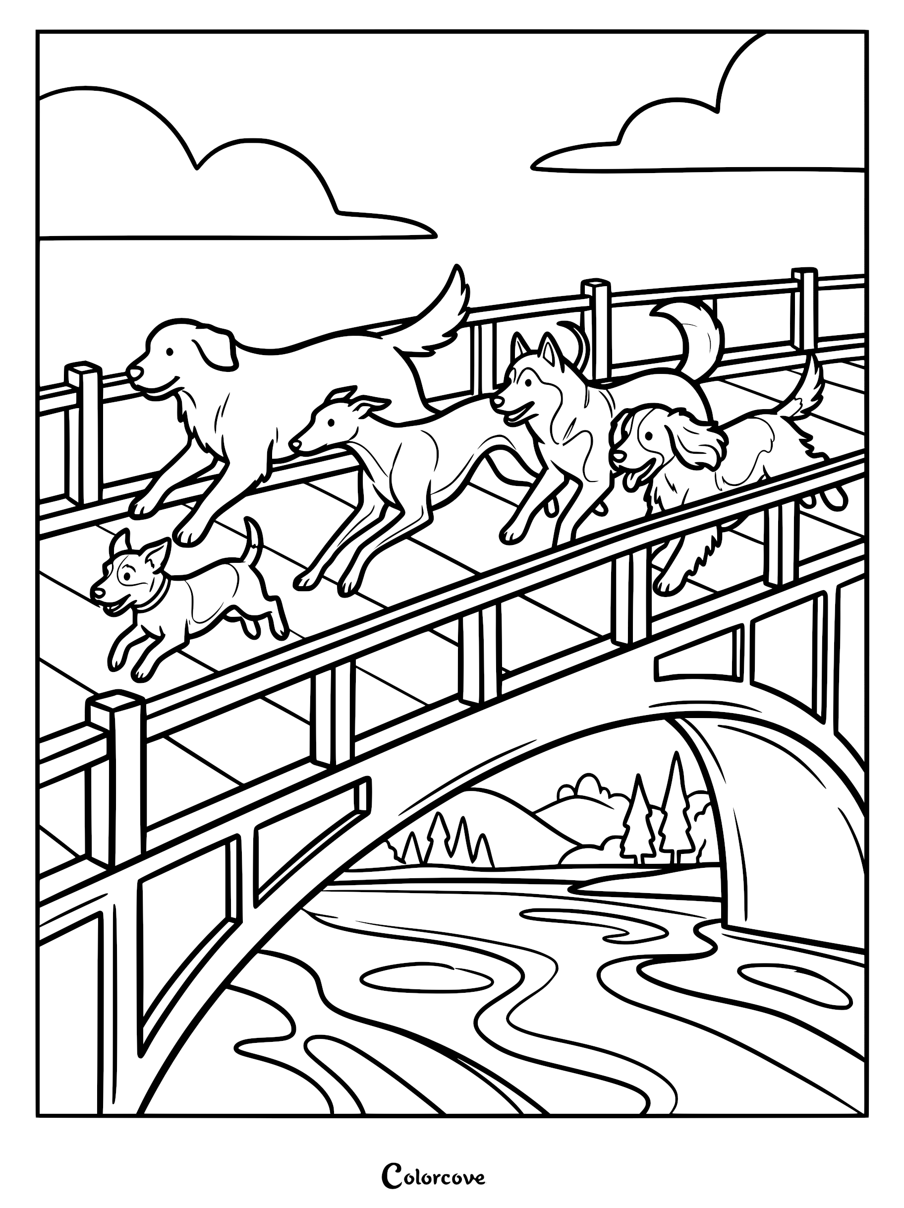 A group of five diverse dog breeds running together across a wooden bridge in this printable coloring page.