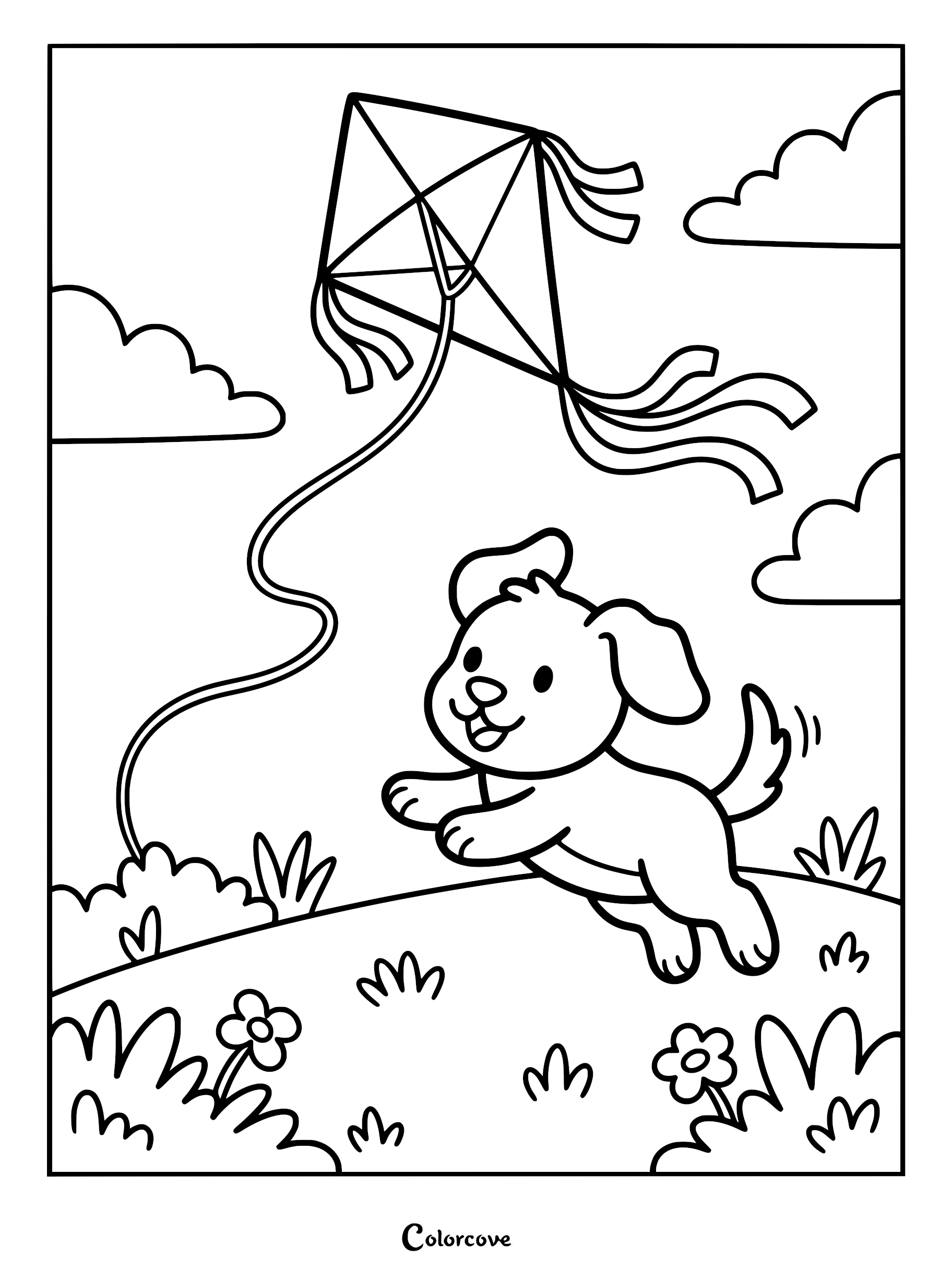 A cute puppy jumping in a grassy field to catch a diamond-shaped kite in this printable coloring page.