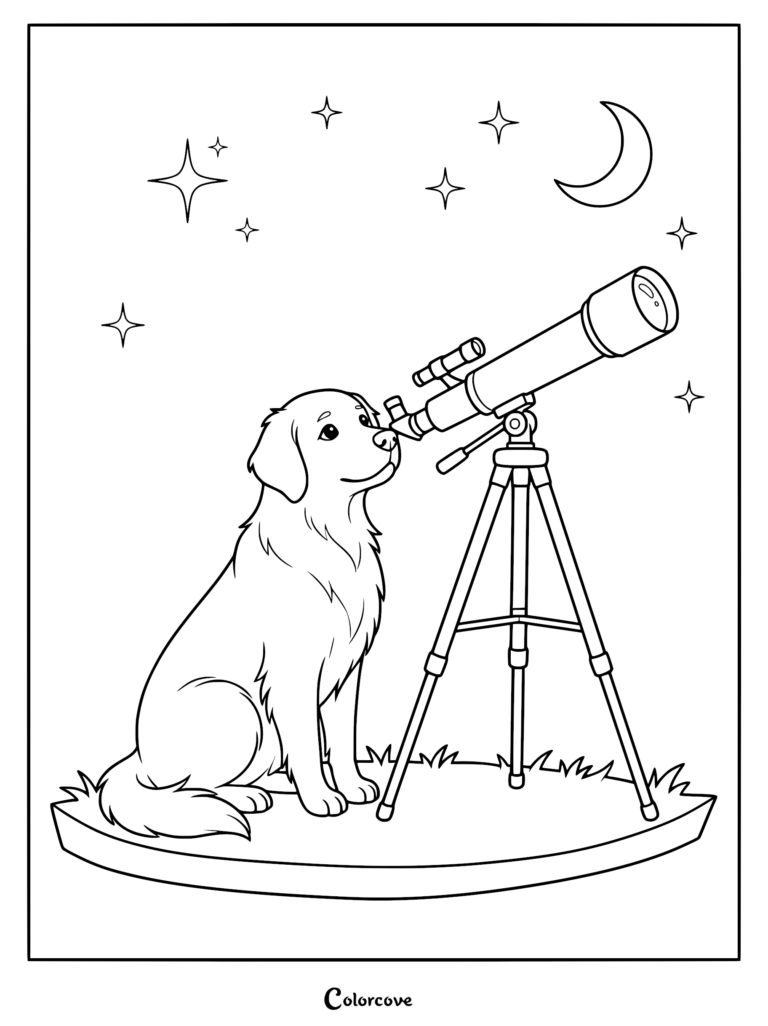 A friendly Golden Retriever looking through a telescope at the night sky in this printable coloring page.