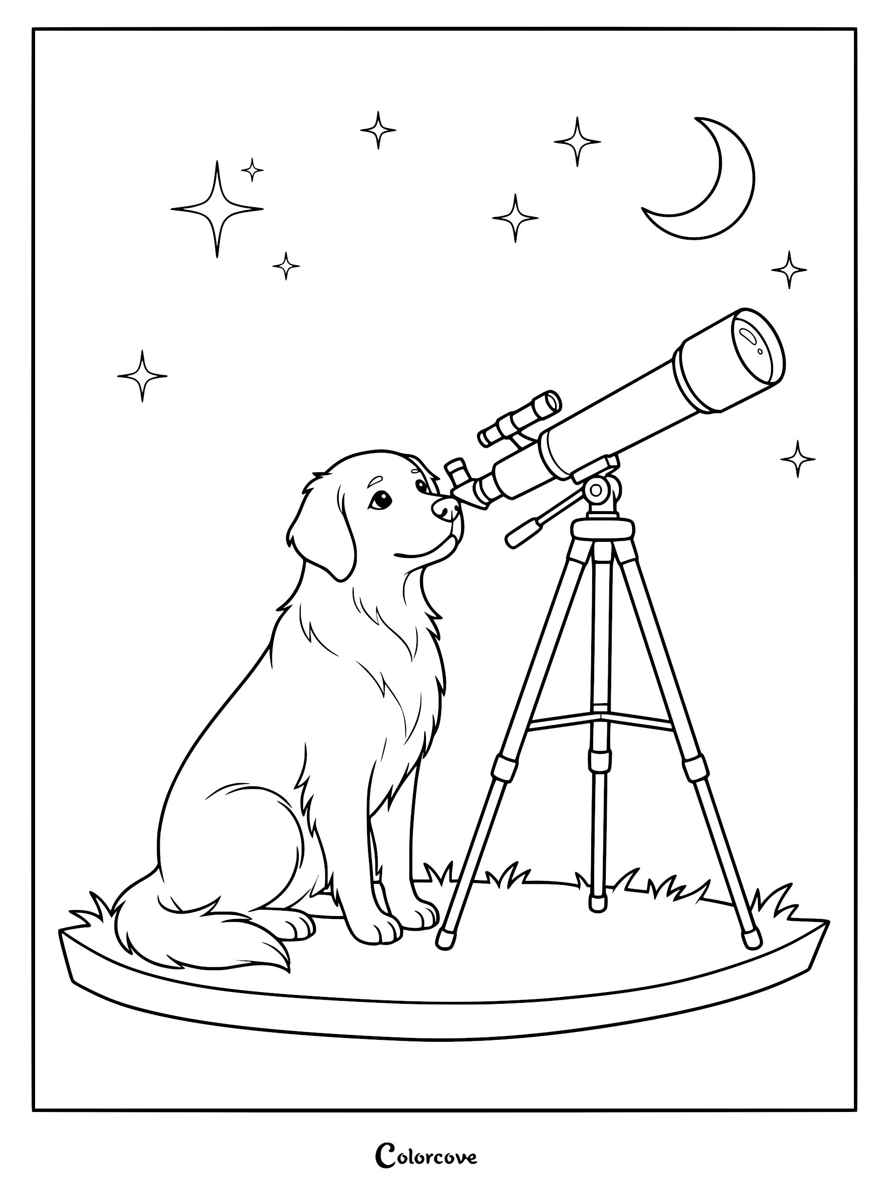 A friendly Golden Retriever looking through a telescope at the night sky in this printable coloring page.