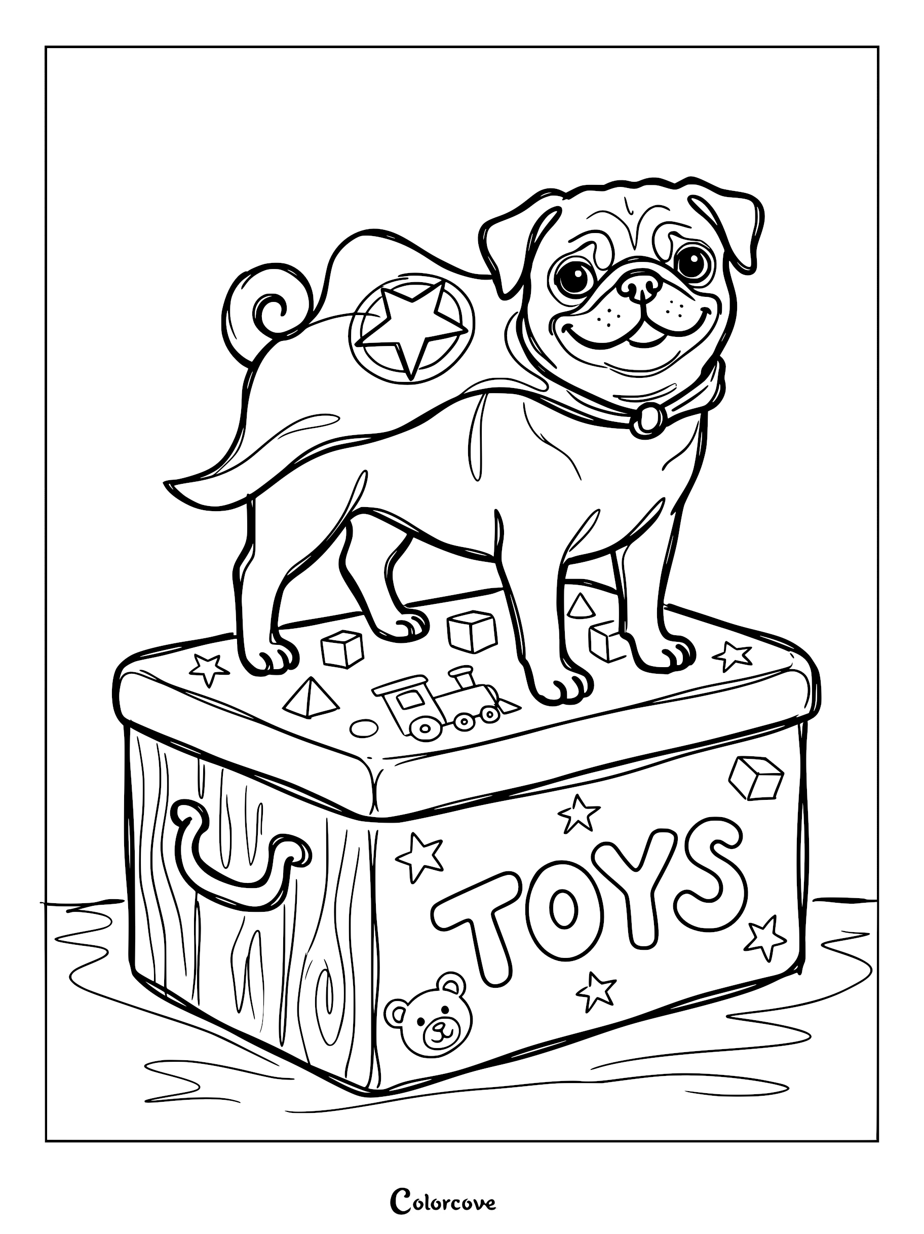 A cute pug wearing a star-patterned superhero cape standing on top of a wooden toy box, printable coloring page.