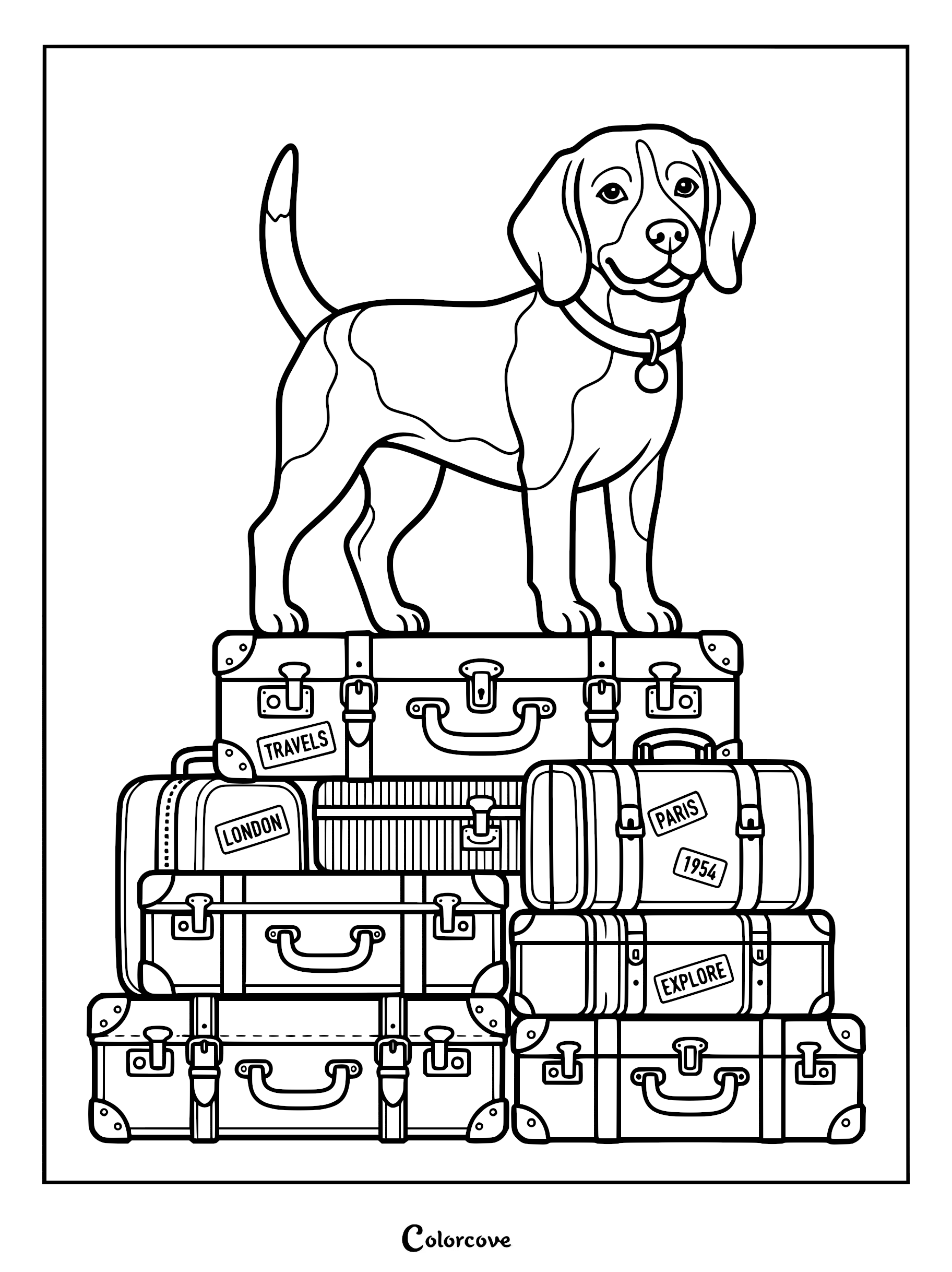 A happy beagle standing on a stack of vintage travel suitcases in this printable coloring page.