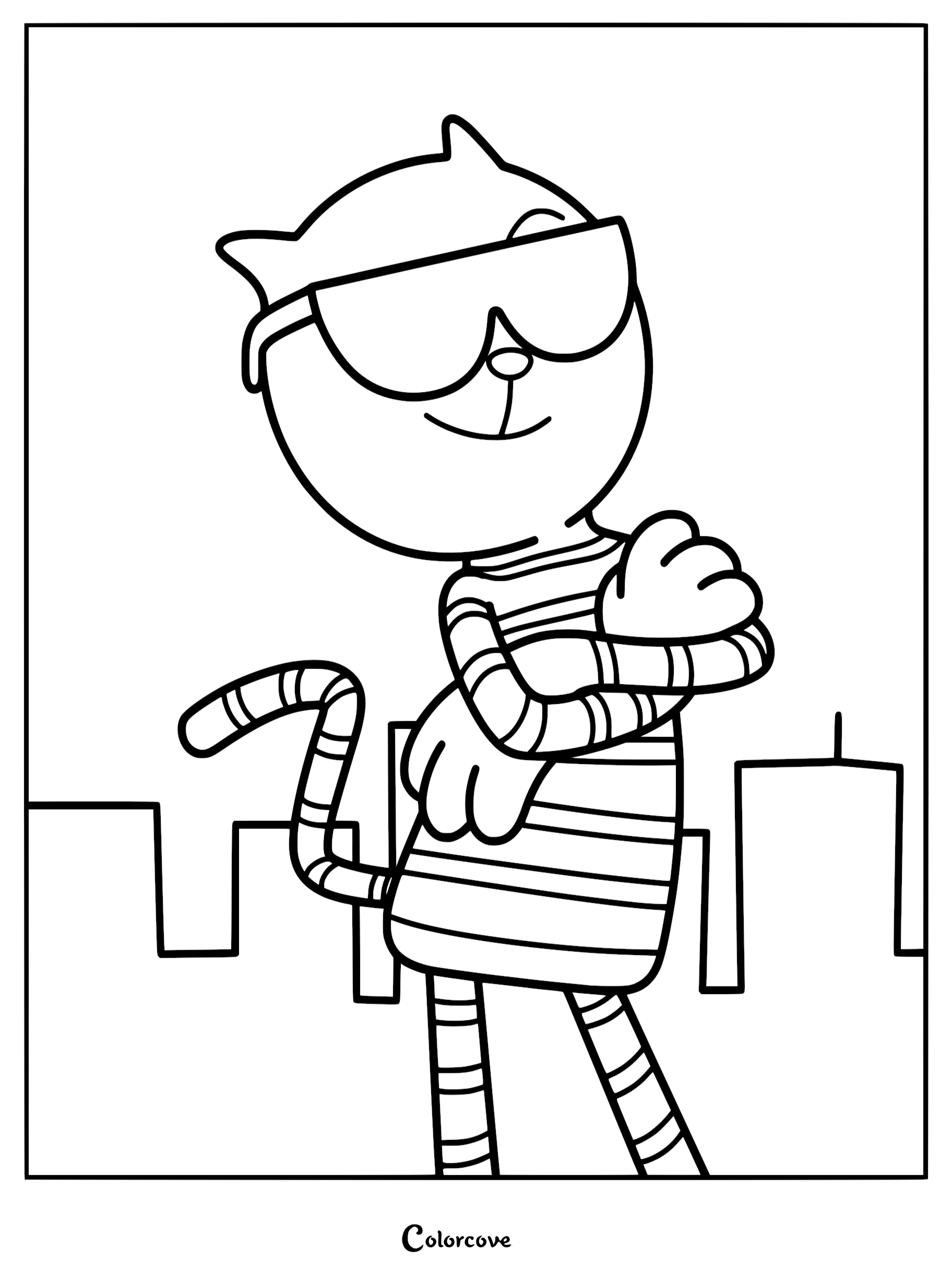 A detailed line art coloring page of Petey the Cat from the Dog Man movie wearing large sunglasses and a striped outfit with a city skyline background.